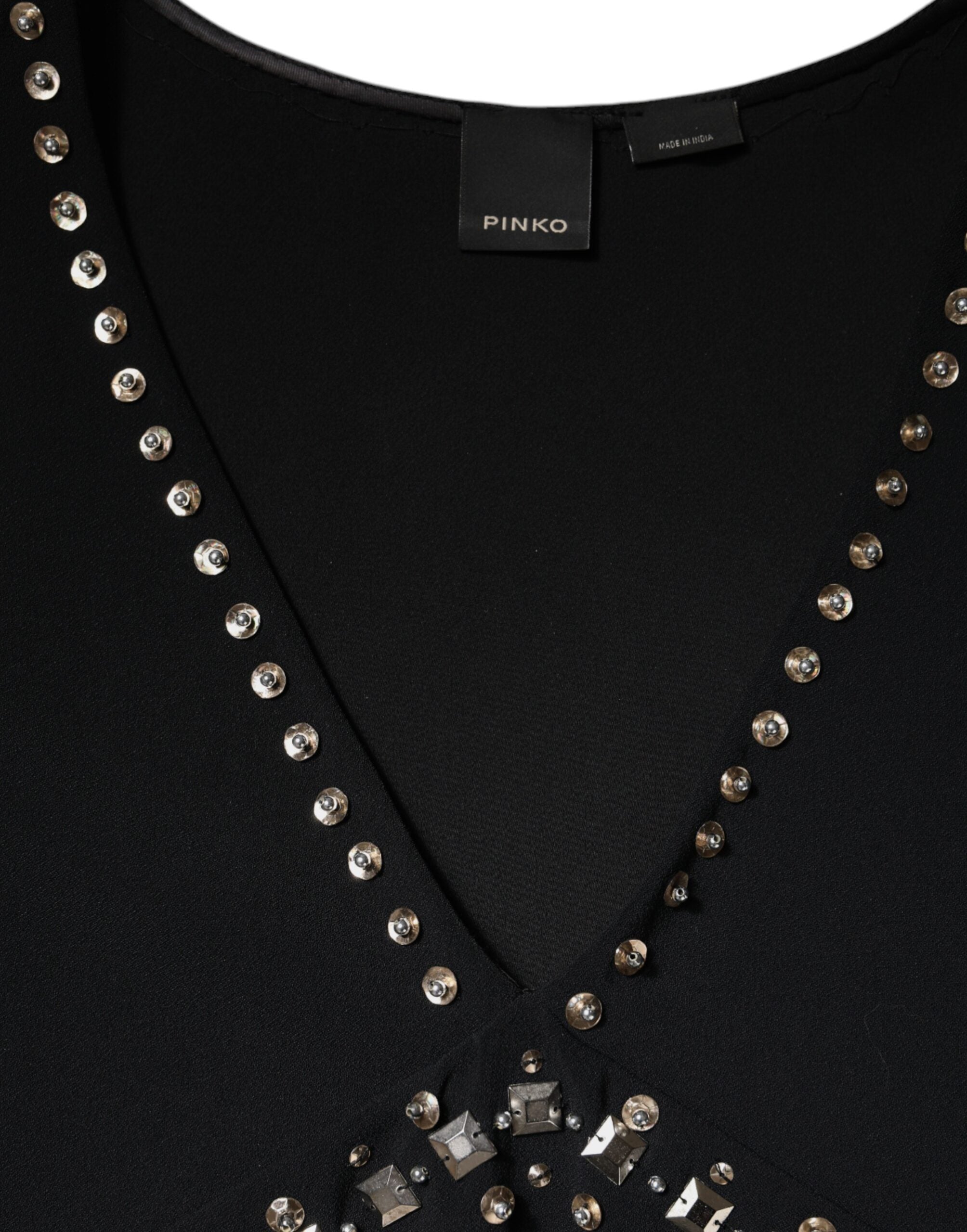 Black Embellished Polyester Sleeveless Shift A-line Mini Dress - ventzia