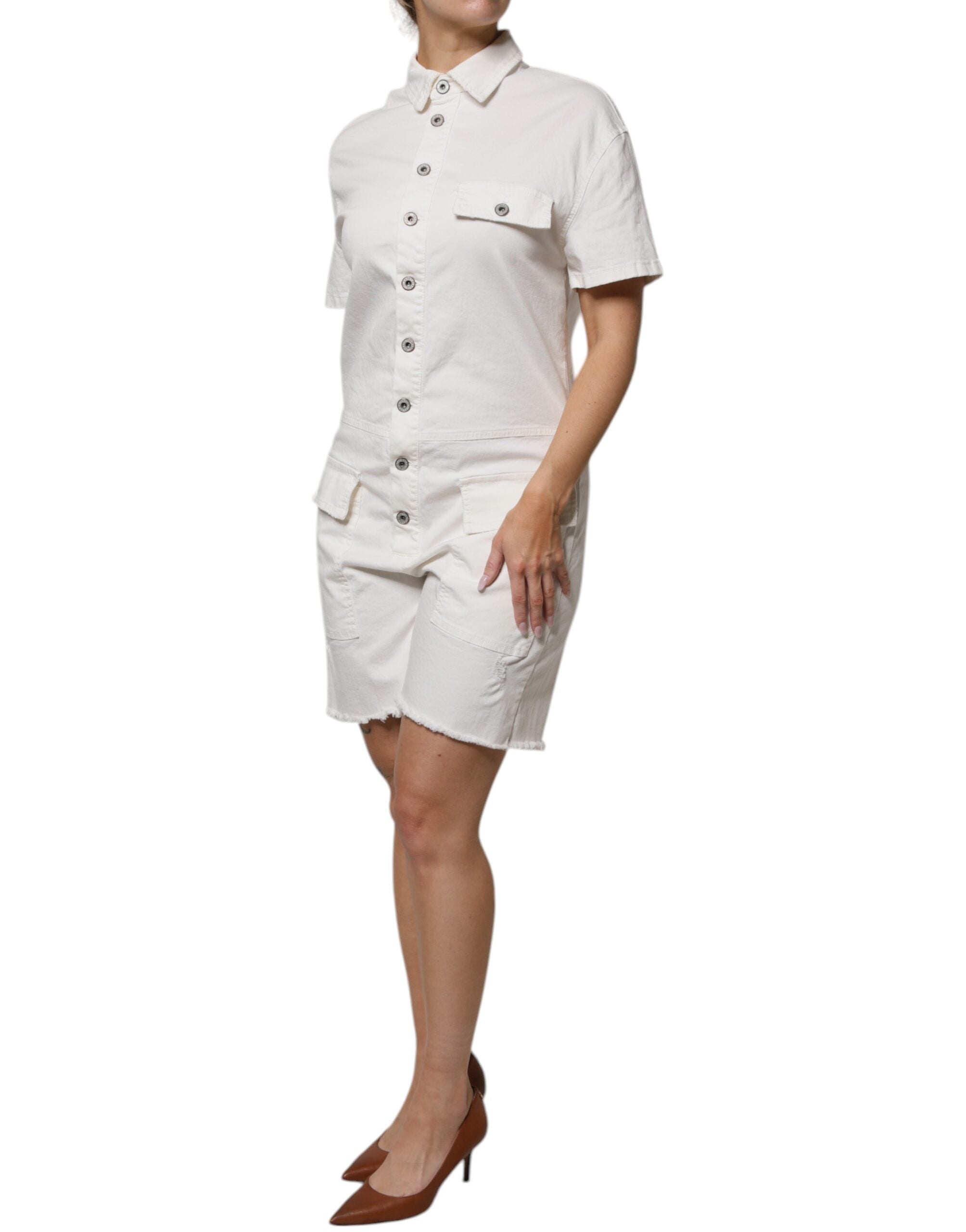 White Cotton Short Sleeves Button Down Romper Dress - ventzia