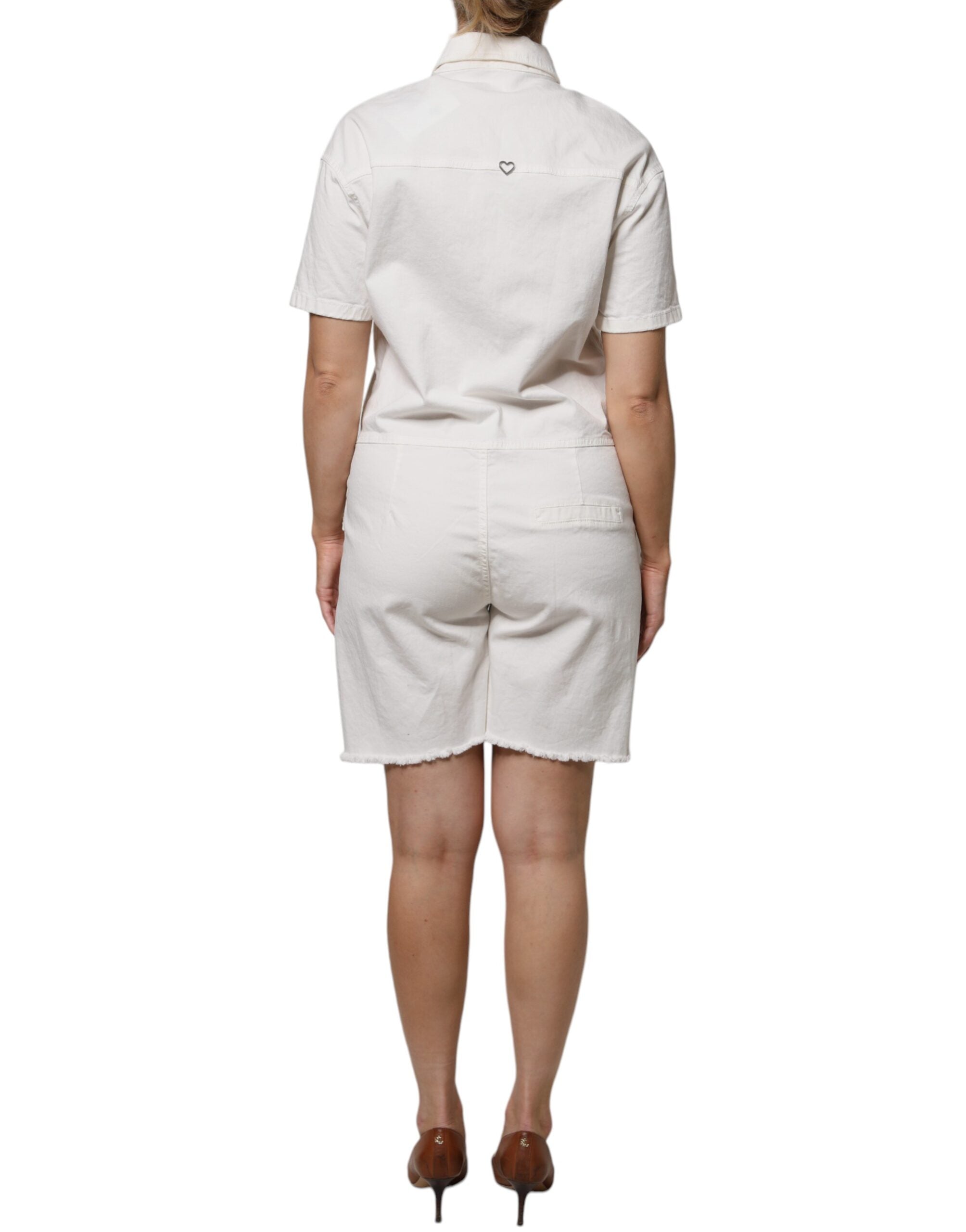 White Cotton Short Sleeves Button Down Romper Dress - ventzia