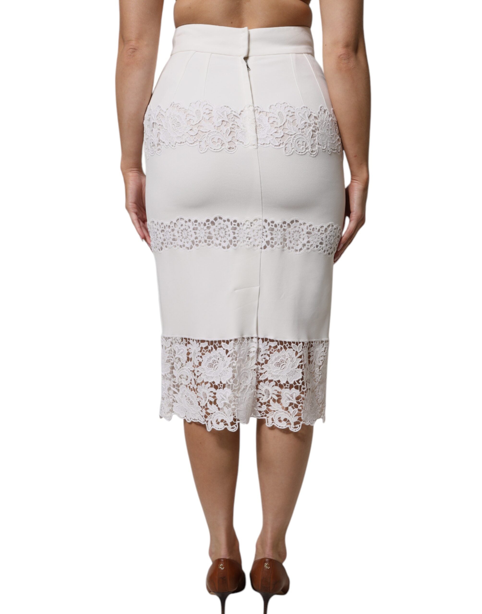 White Floral Lace High Waist Pencil Cut Skirt - ventzia