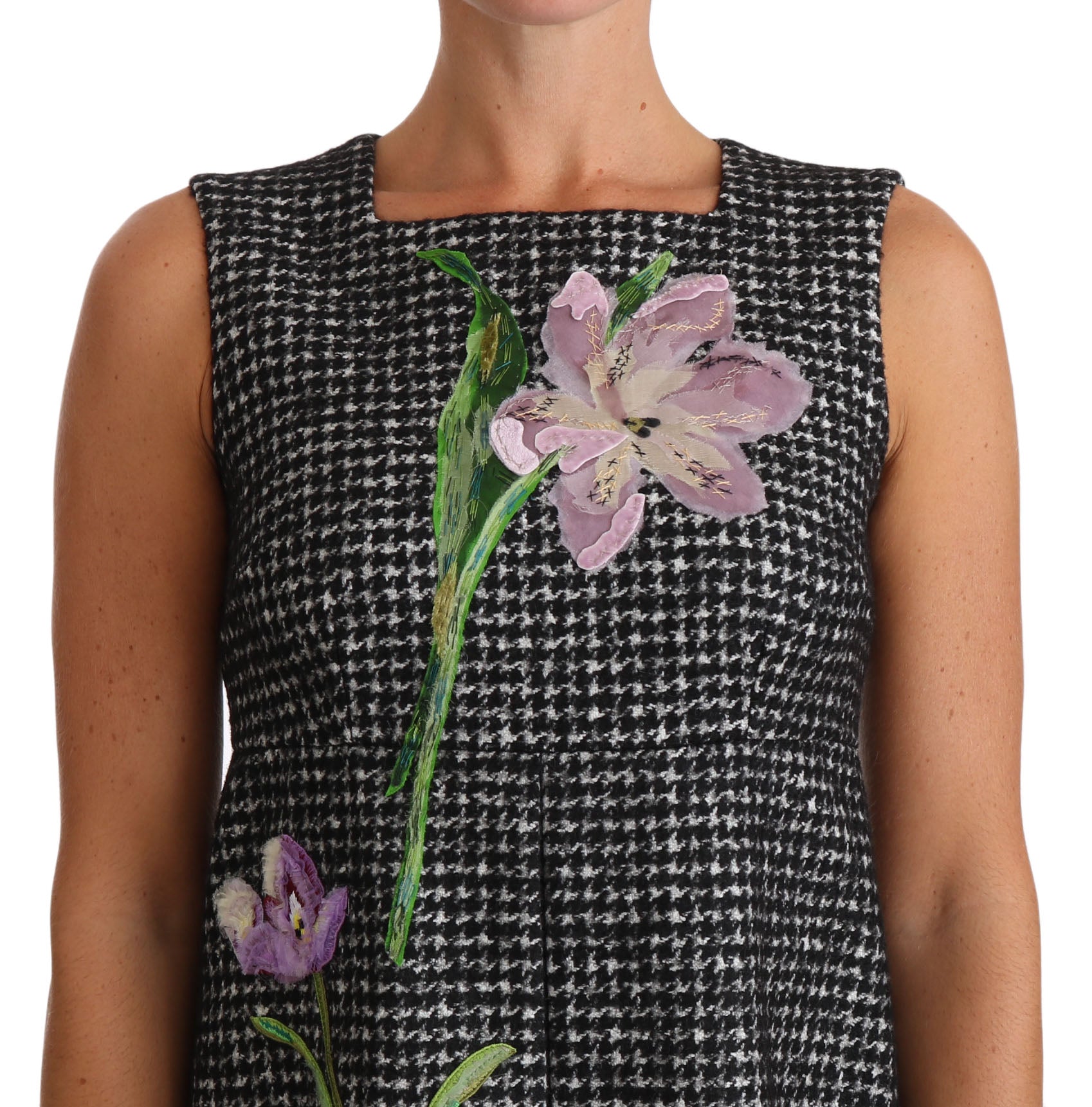 Houndstooth Floral Appliqué Shift Dress - ventzia