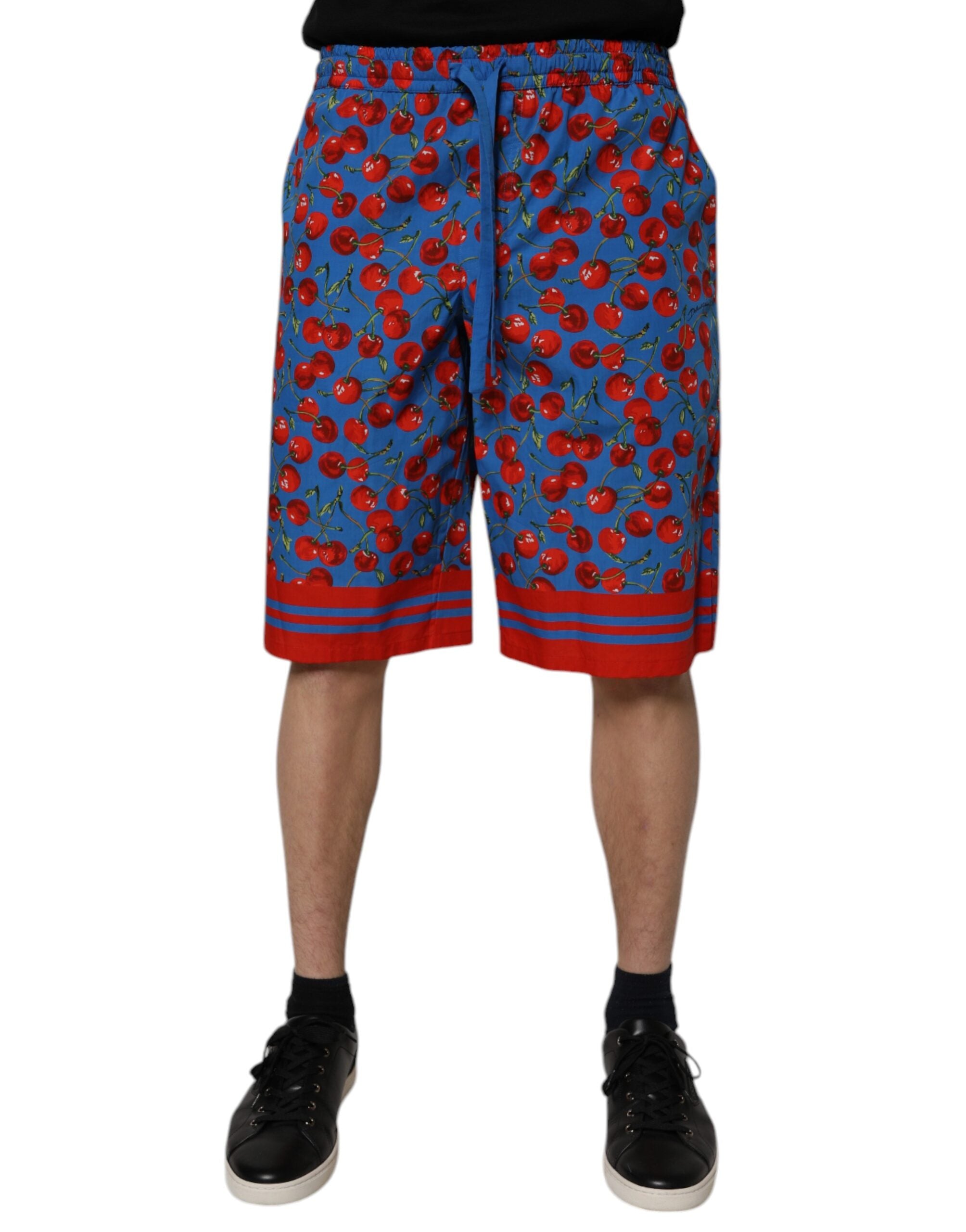 Blue Cherry Print Cotton Men Bermuda Shorts - ventzia