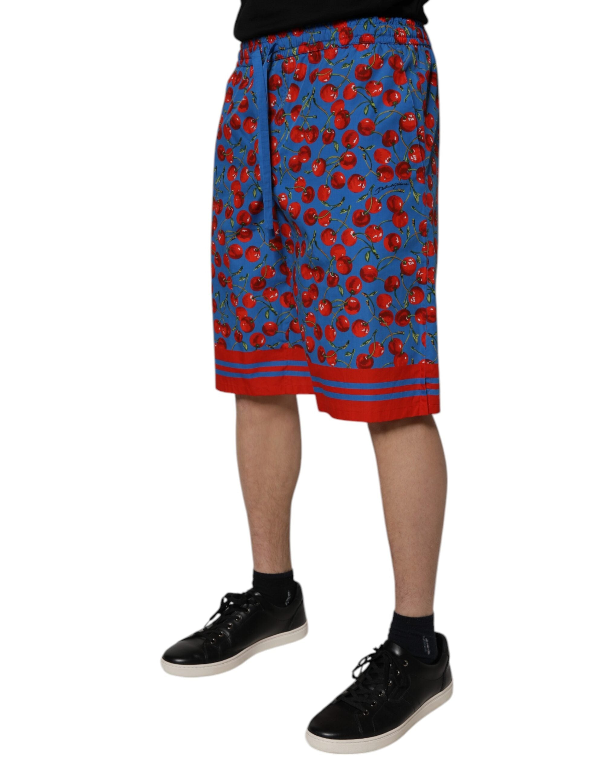 Blue Cherry Print Cotton Men Bermuda Shorts - ventzia