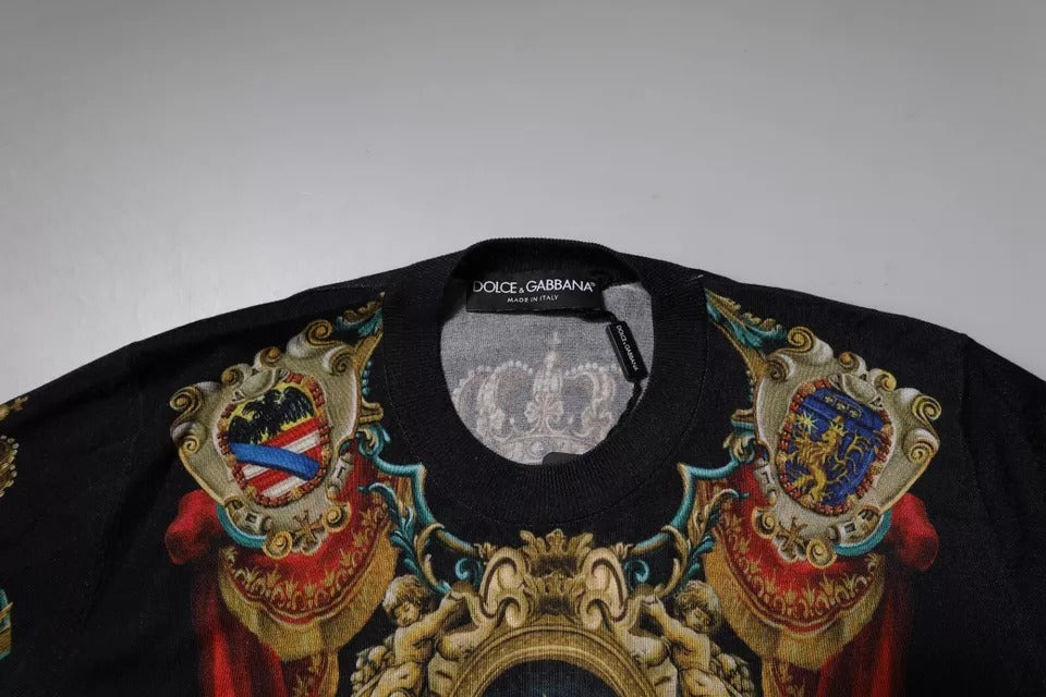 Black Heraldic DG Silk Round Neck Pullover Sweater - ventzia