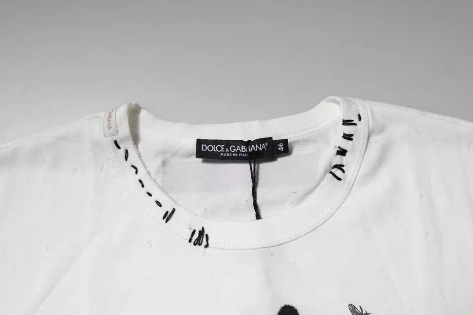 White Graphic Print Cotton Crew Neck T-shirt - ventzia