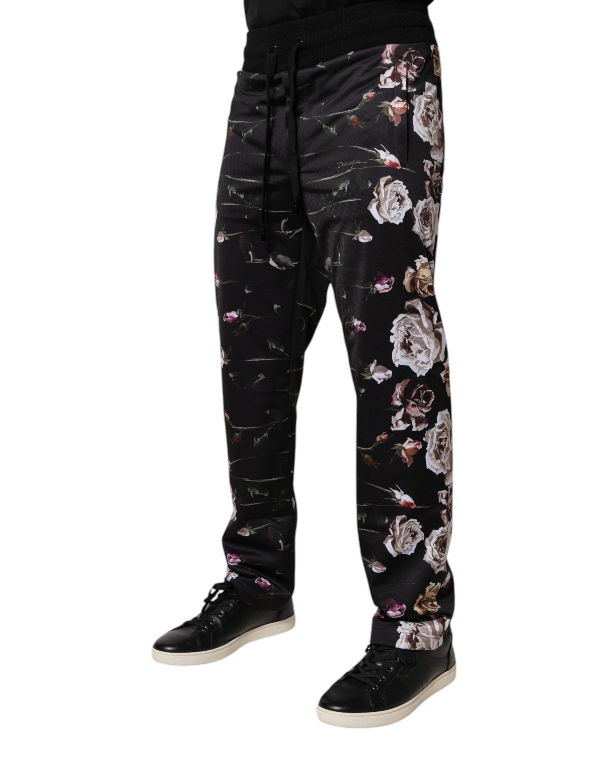 Black Floral Polyester Jogger Pants - ventzia
