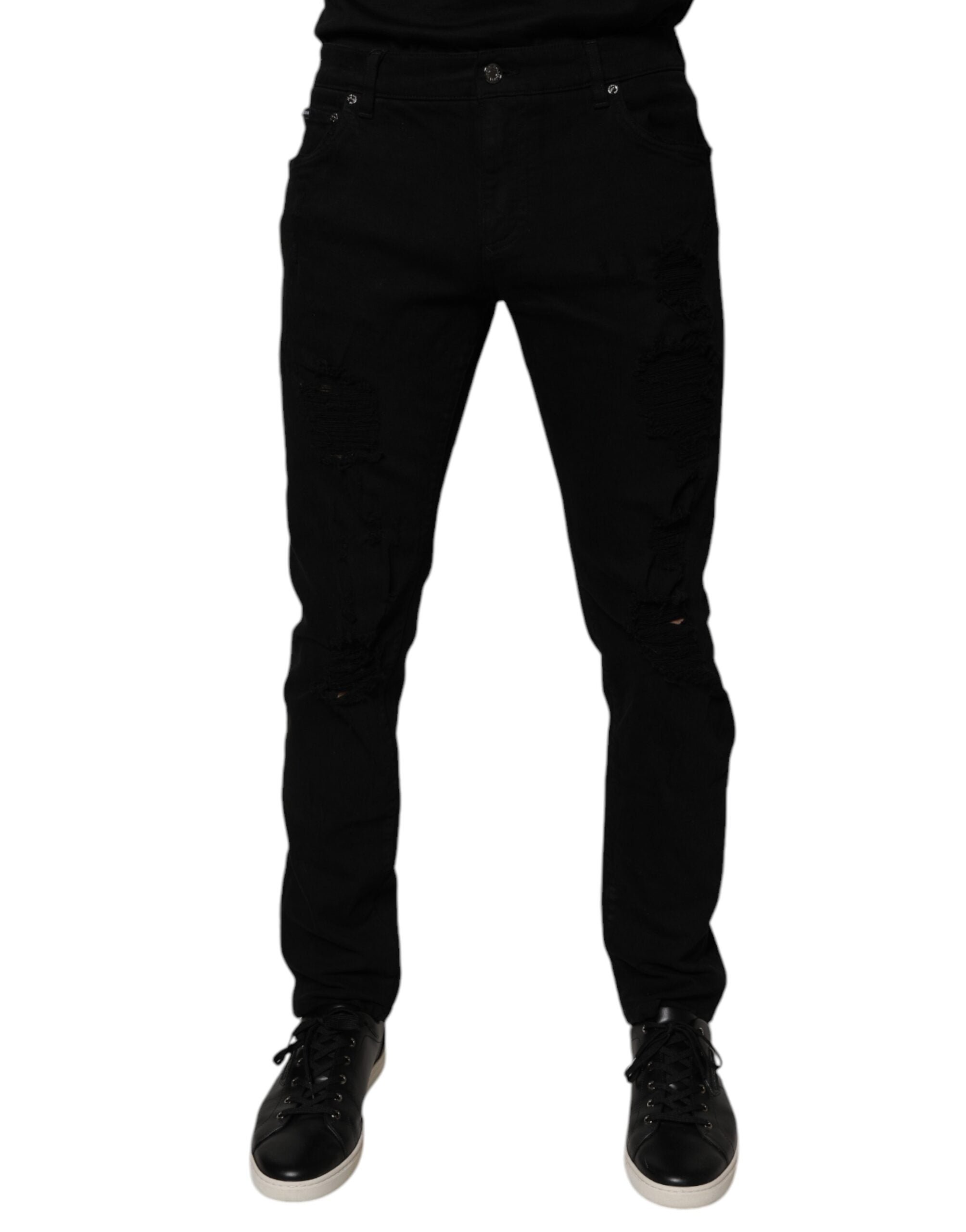 Black Tattered Cotton Skinny Men Denim Jeans - ventzia
