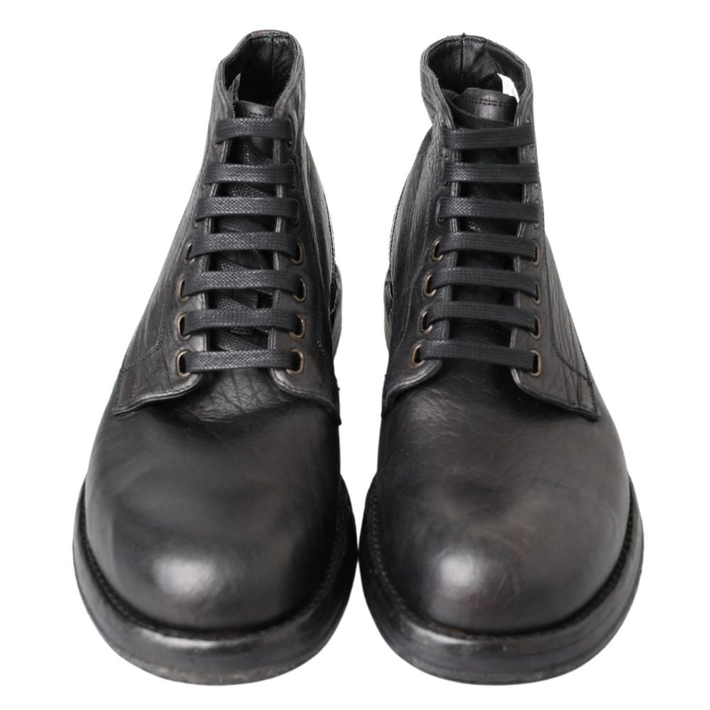 Black Leather Lace-Up Boots - ventzia