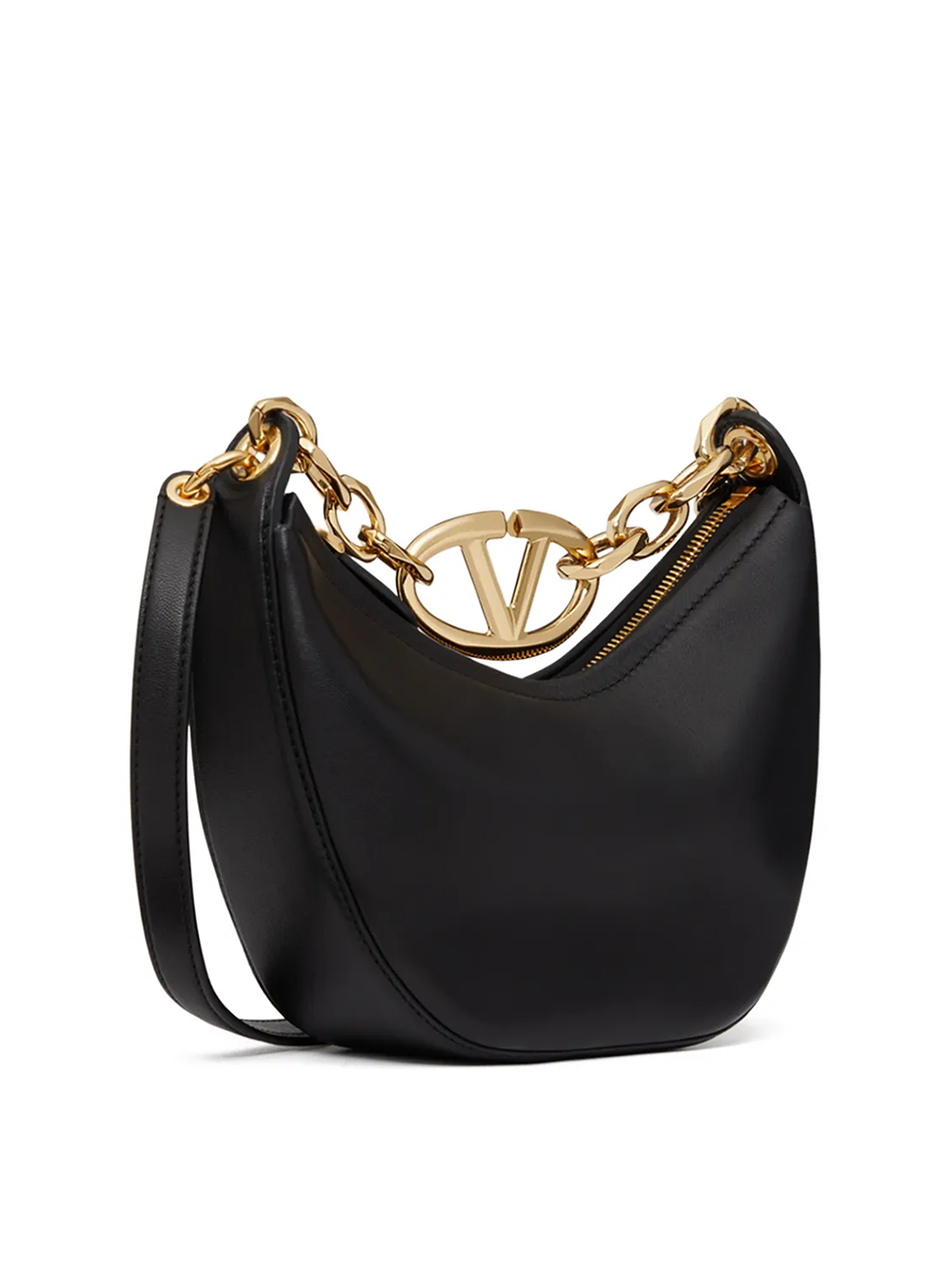 Black Leather Mini Hobo Vlogo Shoulder Bag - ventzia