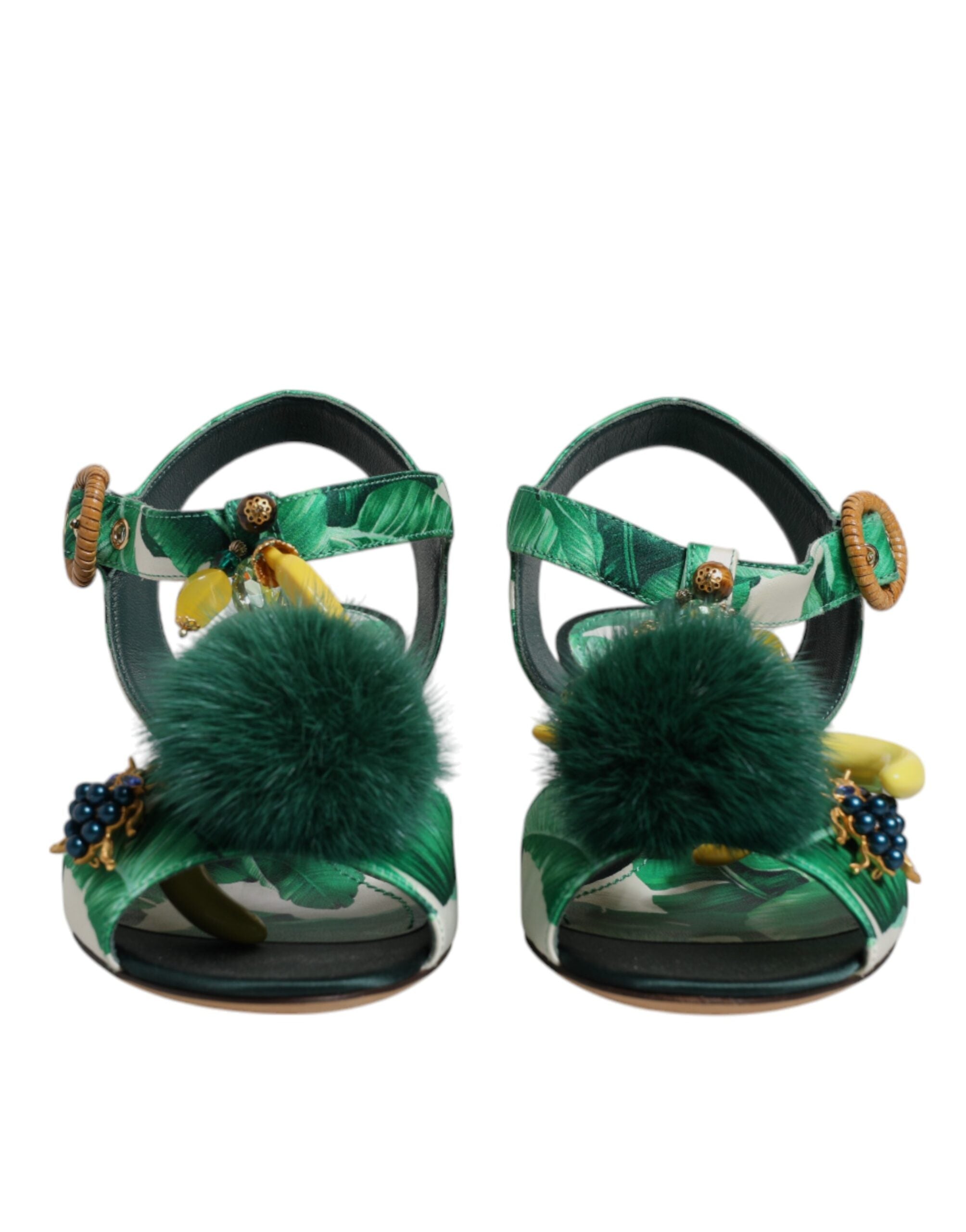 Green Crystal Fur Embellished Sandals Shoes - ventzia