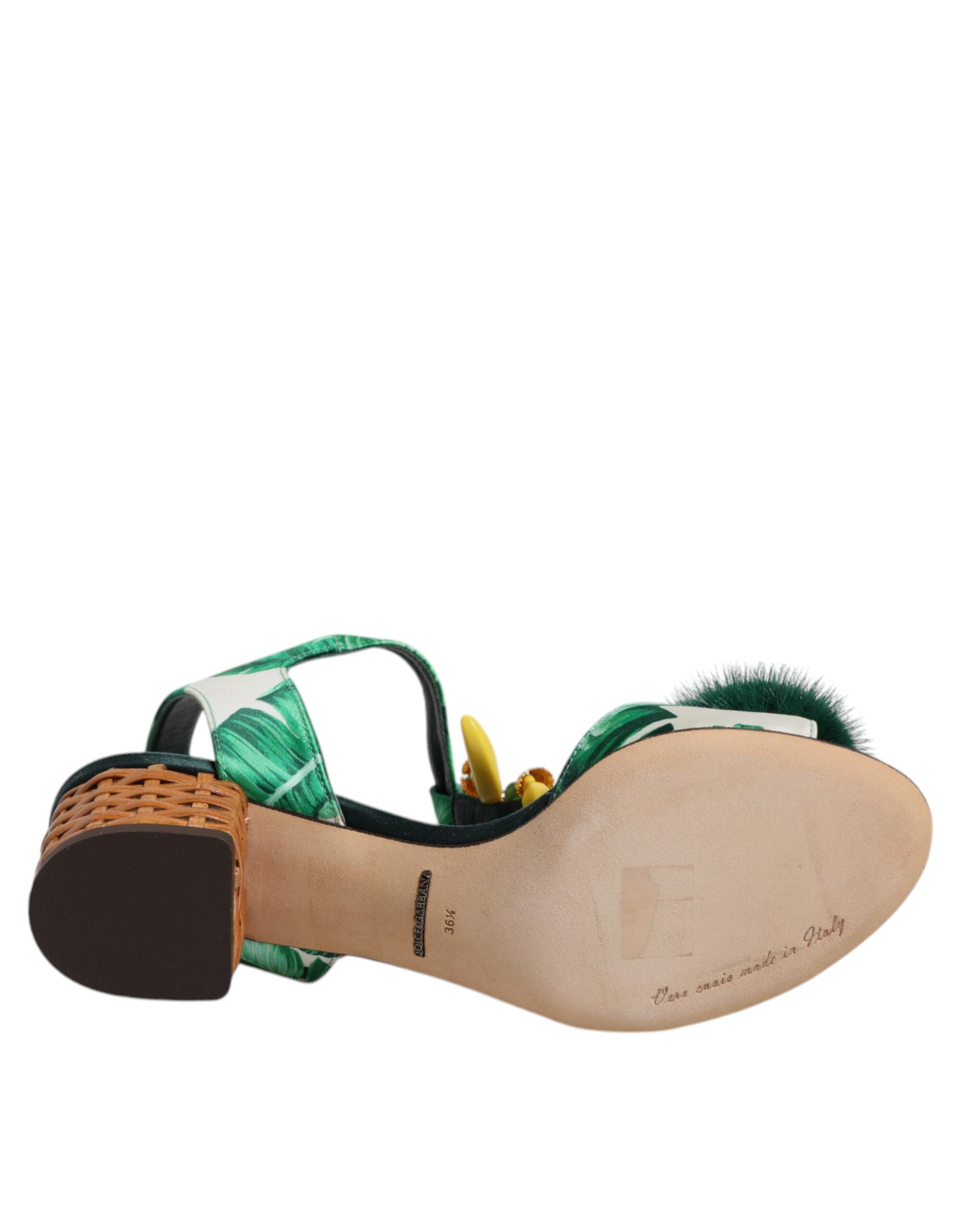 Green Crystal Fur Embellished Sandals Shoes - ventzia