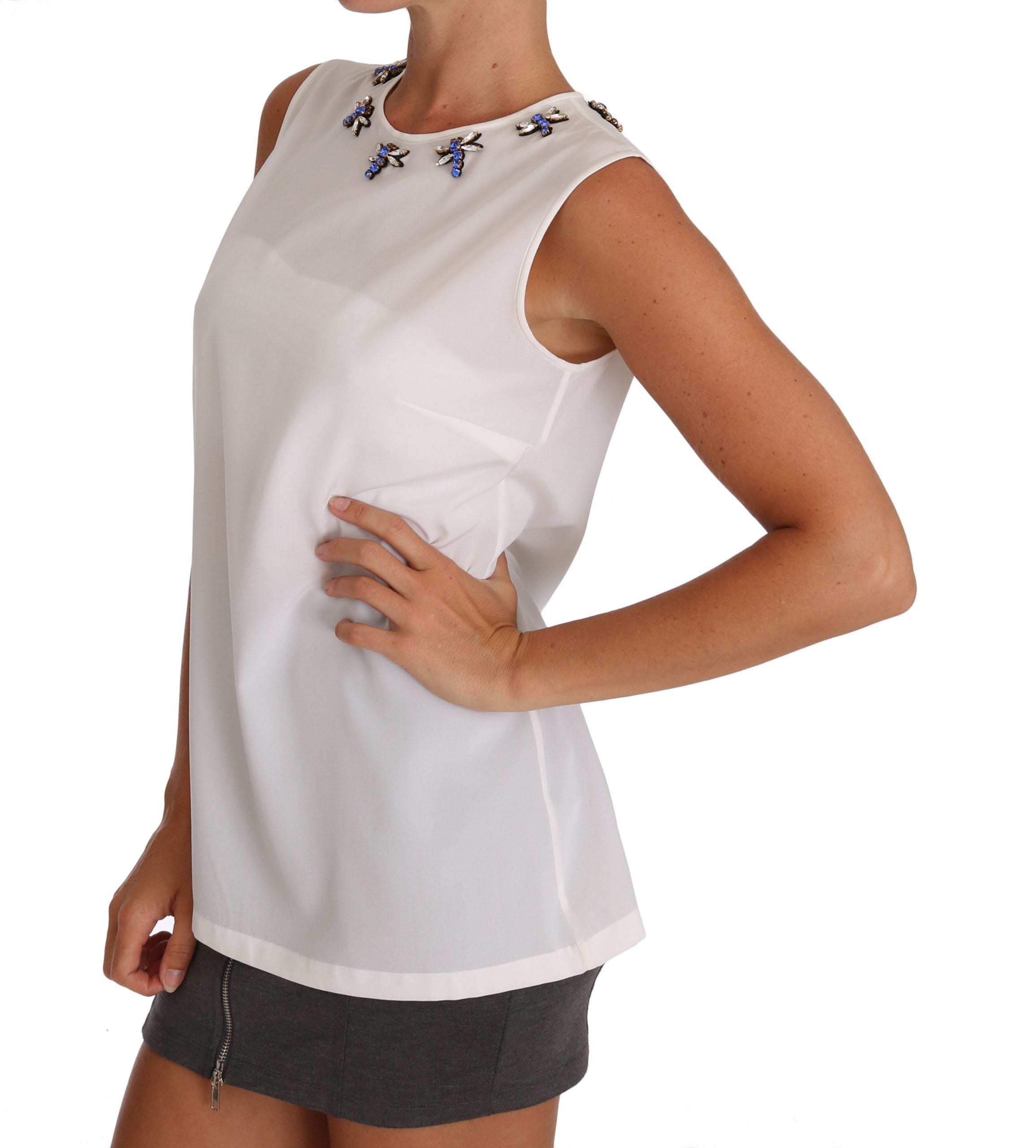 Elegant Embellished Sleeveless Silk Blouse - ventzia