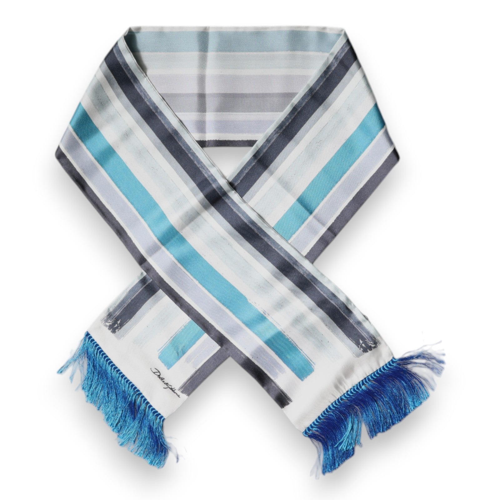 White Blue Stripes Silk Fringes Wrap Scarf - ventzia