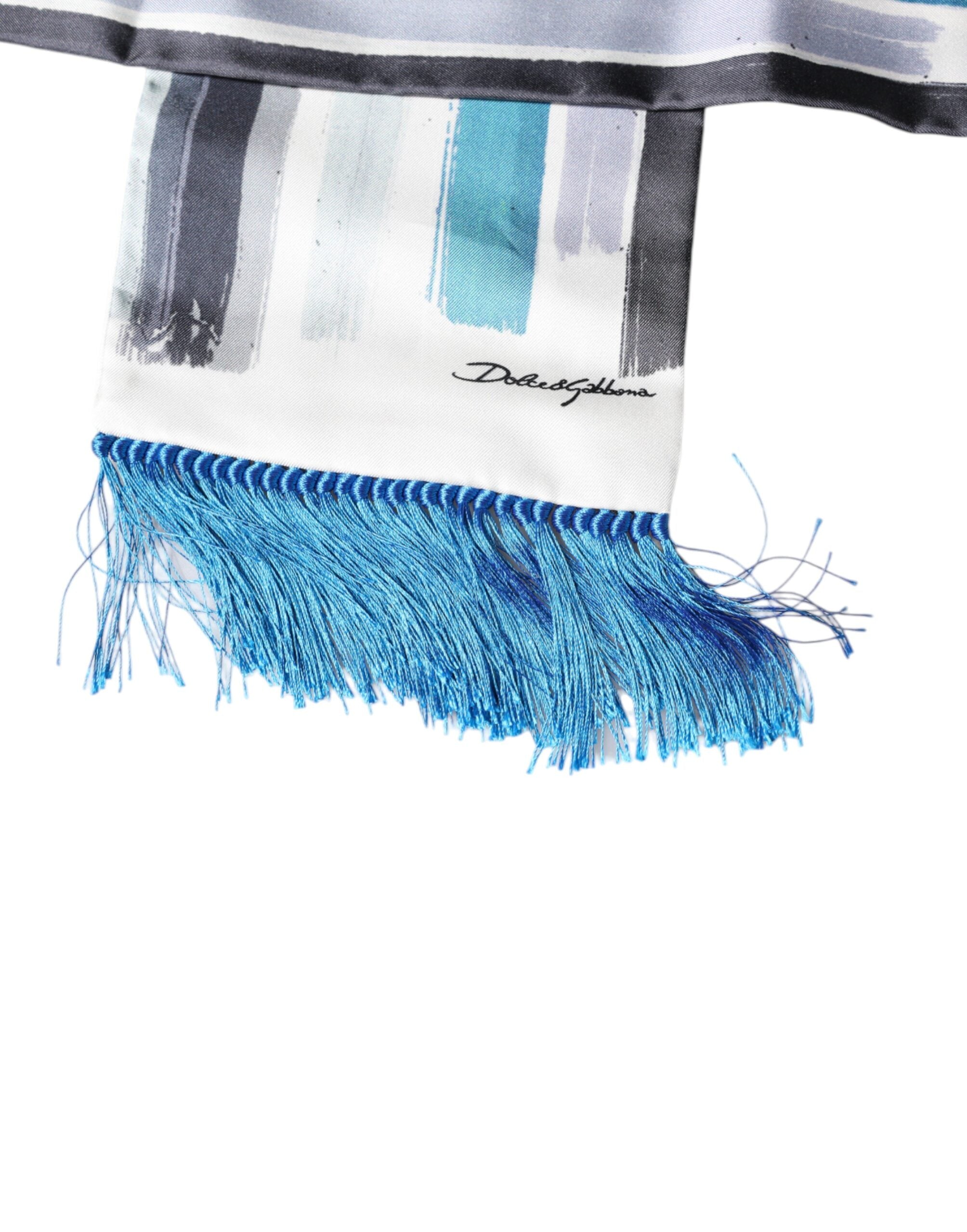 White Blue Stripes Silk Fringes Wrap Scarf - ventzia