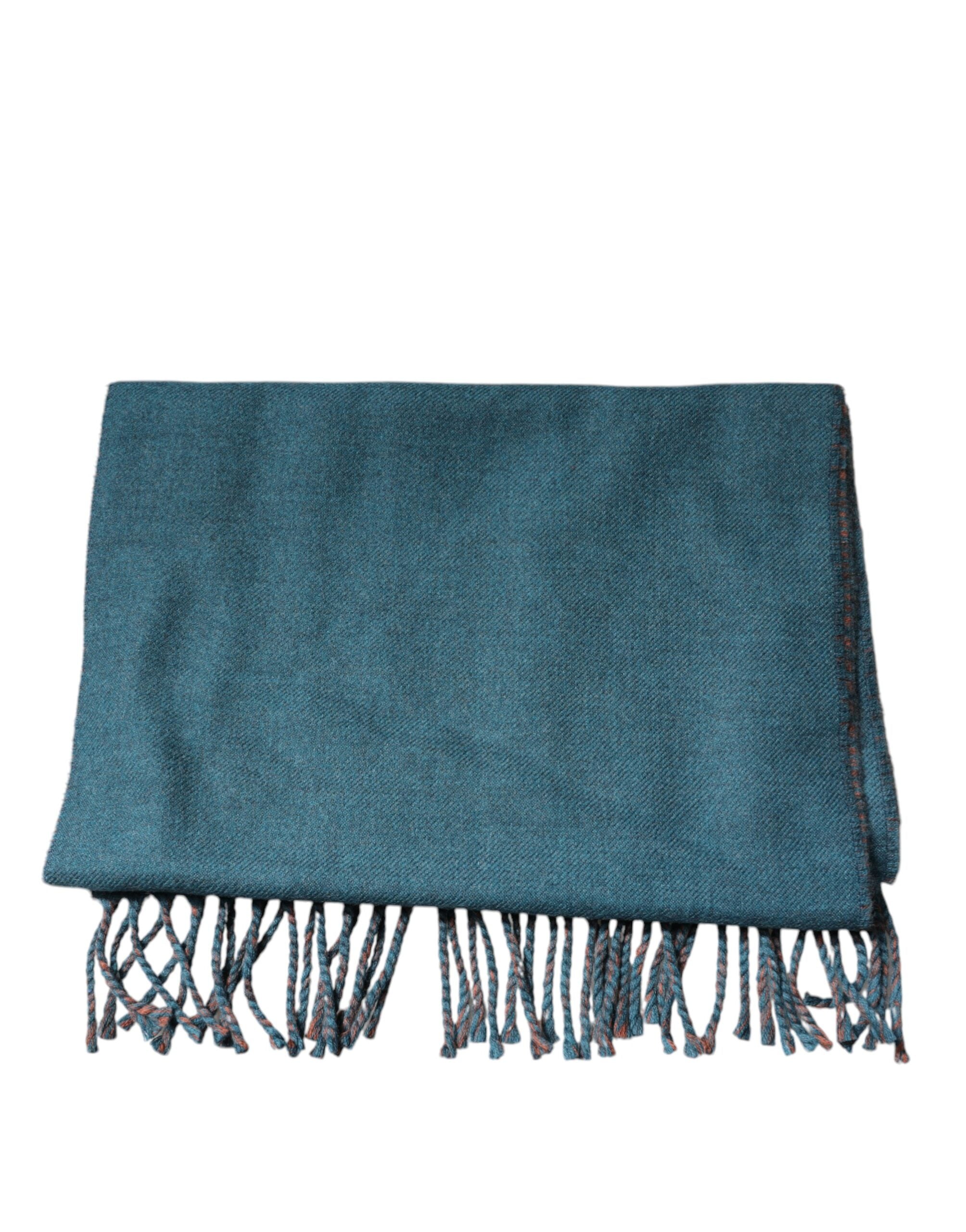 Blue Green Wool Fringes Wrap Shawl Scarf - ventzia