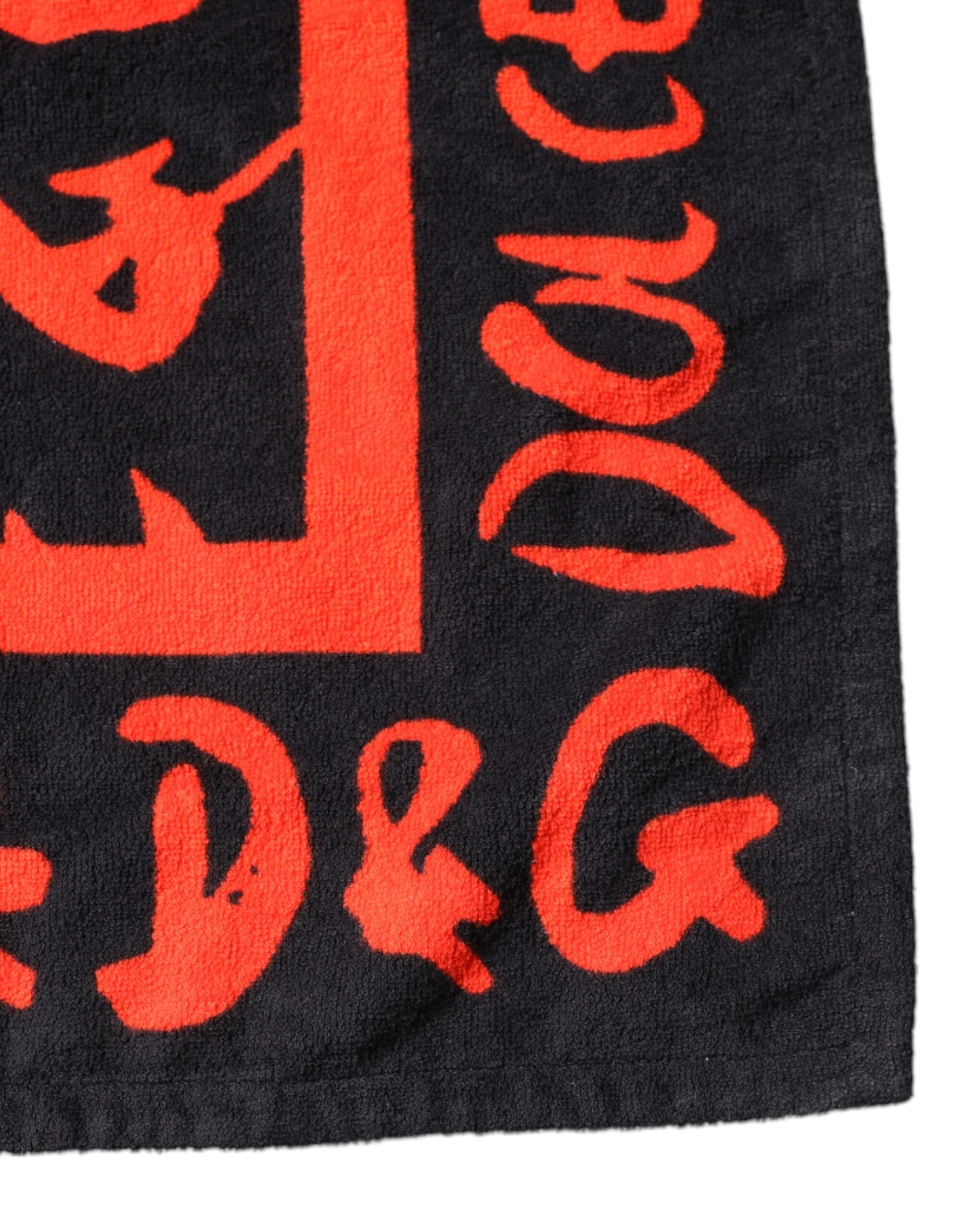Black Red Logo Print Cotton Beach Towel - ventzia