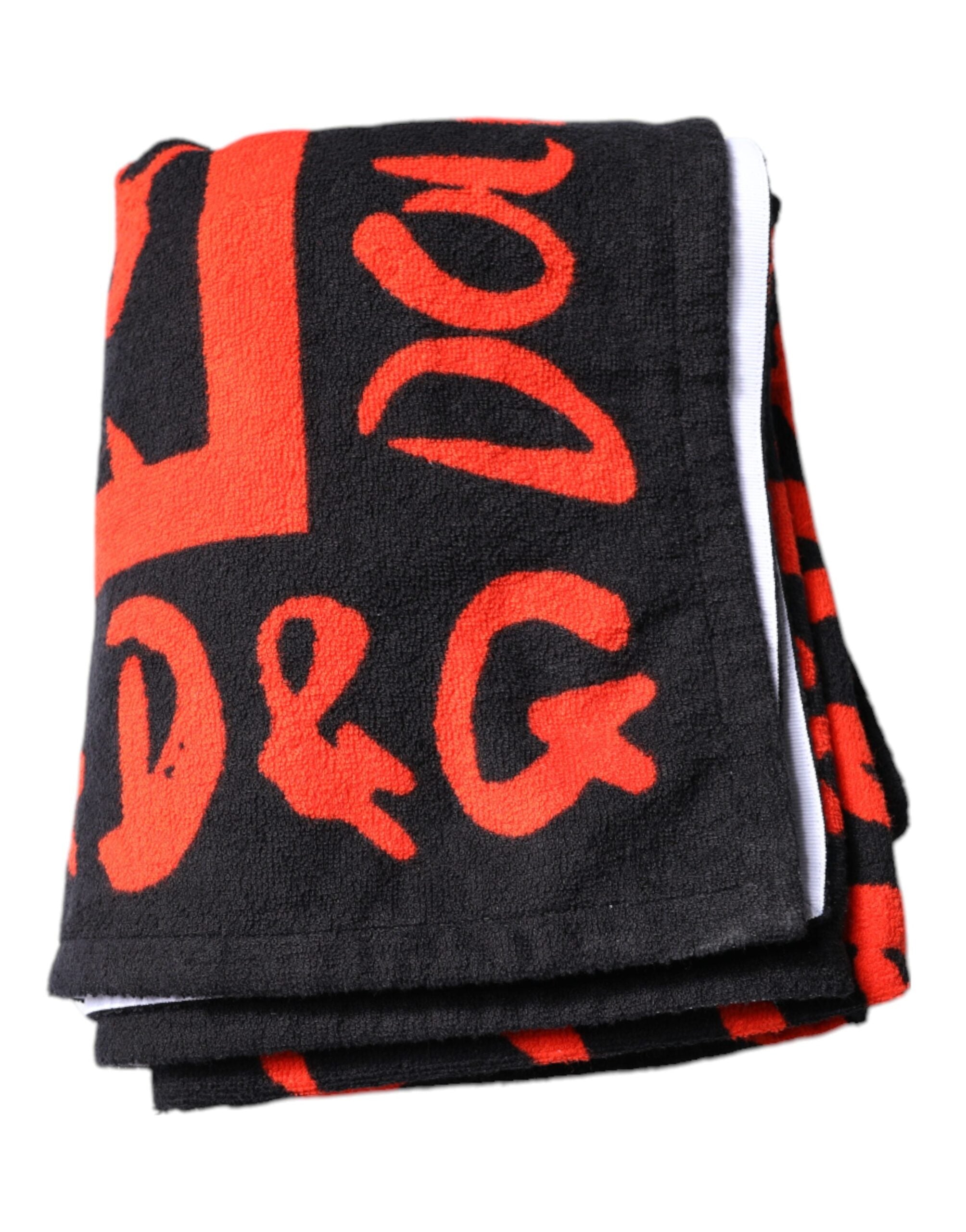 Black Red Logo Print Cotton Beach Towel - ventzia