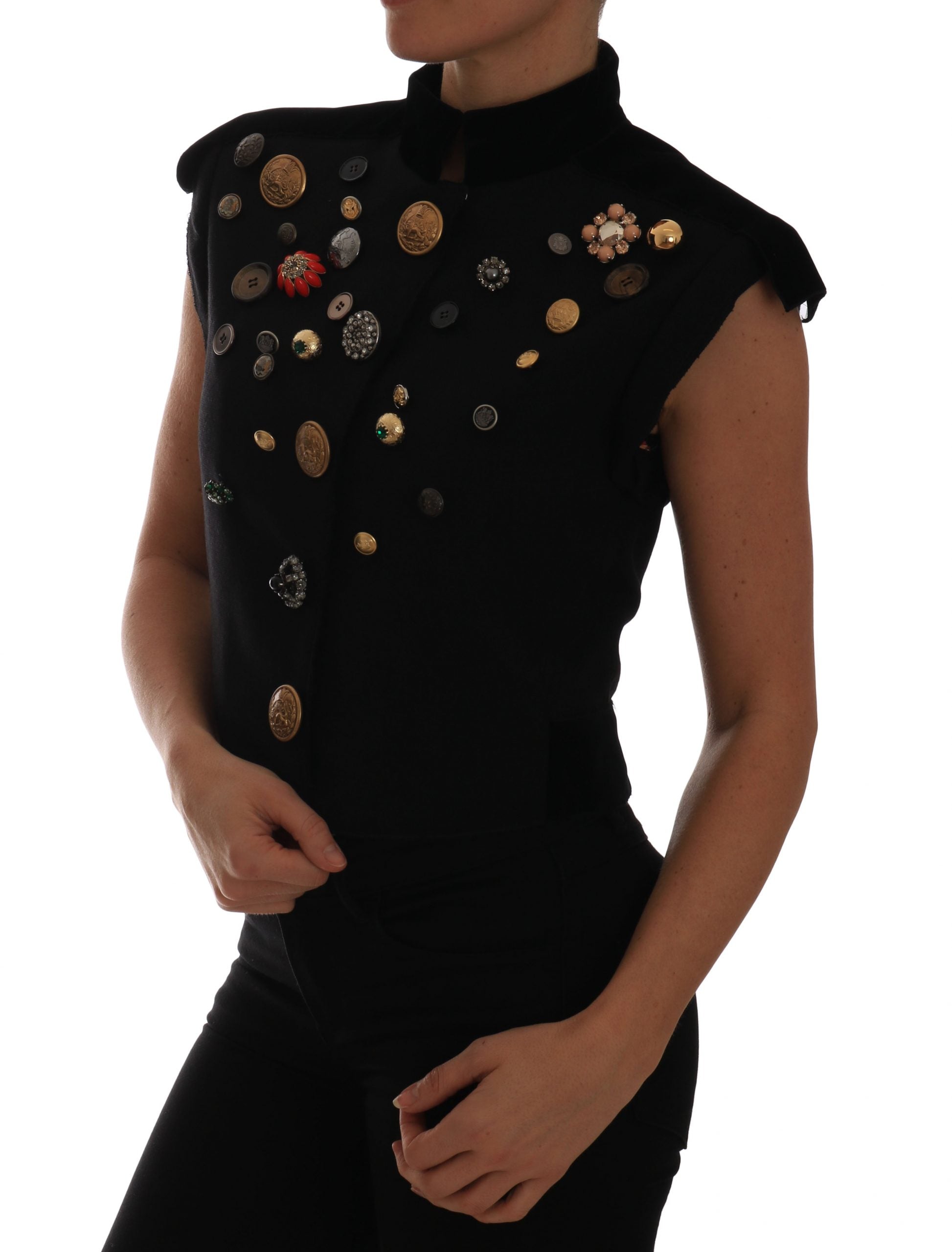 Embellished Black Military Style Vest - ventzia