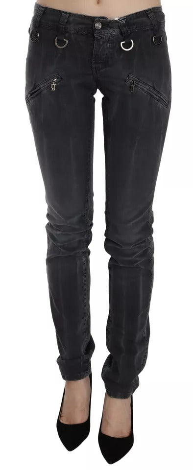 Grey Washed Low Waist Zipper Side Skinny Denim Jeans - ventzia