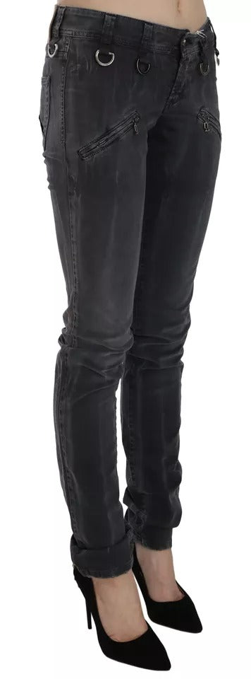 Grey Washed Low Waist Zipper Side Skinny Denim Jeans - ventzia