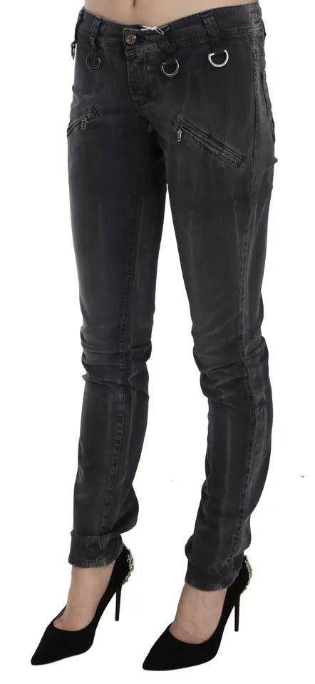 Grey Washed Low Waist Zipper Side Skinny Denim Jeans - ventzia