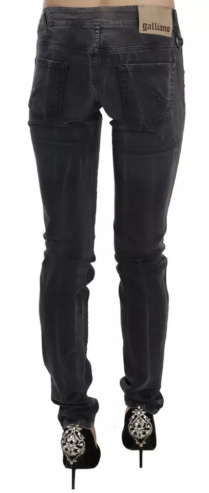 Grey Washed Low Waist Zipper Side Skinny Denim Jeans - ventzia