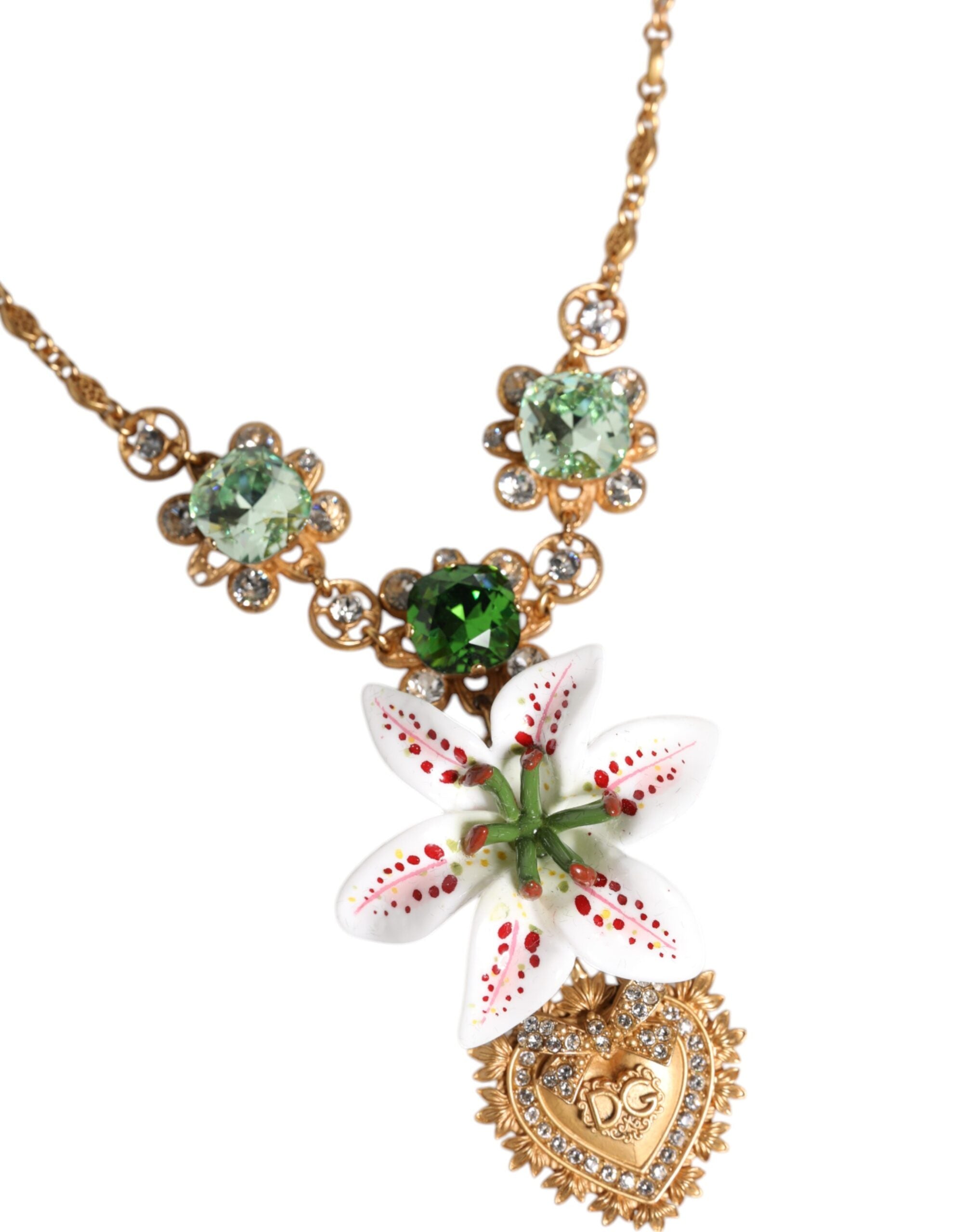 Gold Brass Lily Crystal Sacred Heart Pendant Necklace - ventzia
