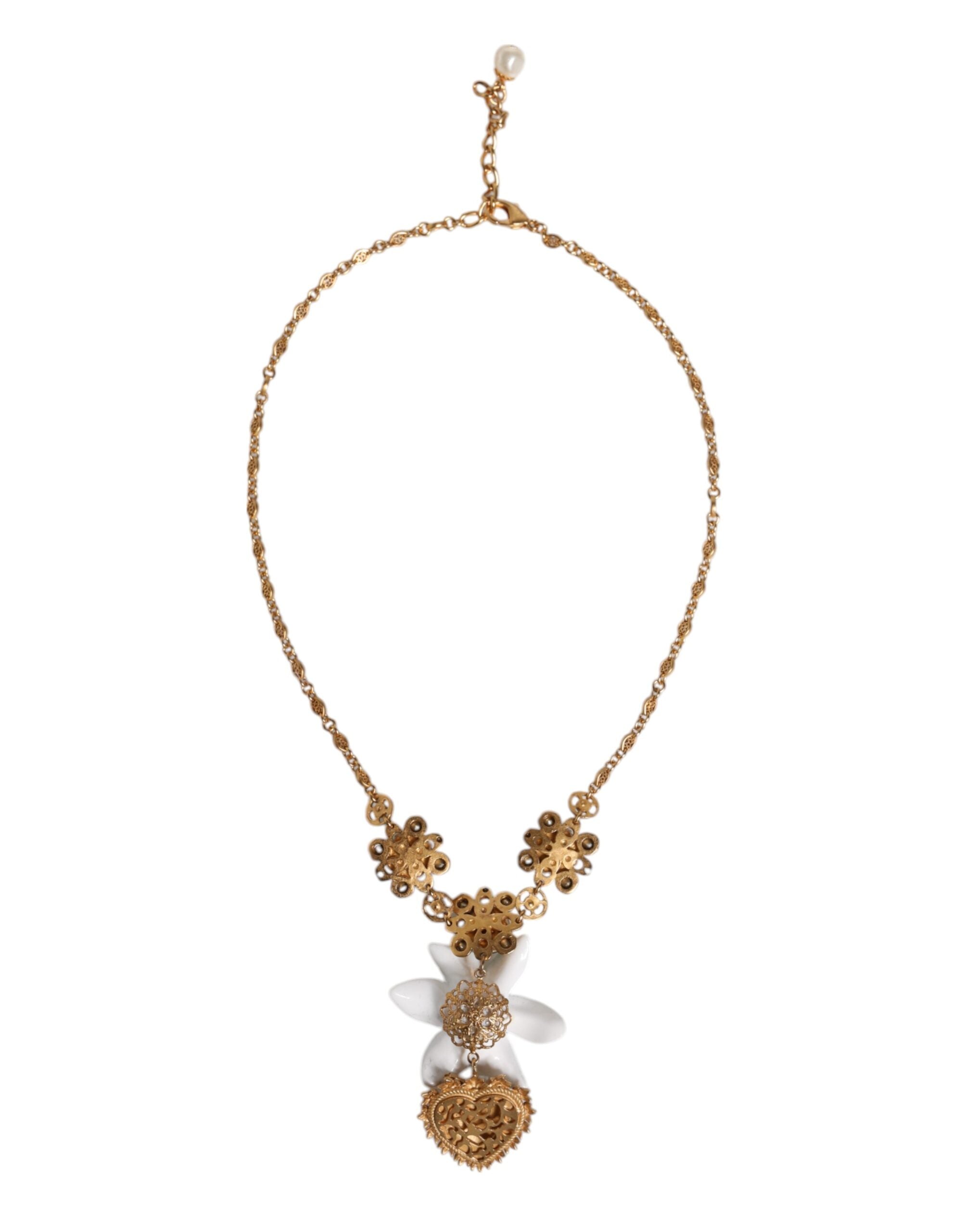 Gold Brass Lily Crystal Sacred Heart Pendant Necklace - ventzia