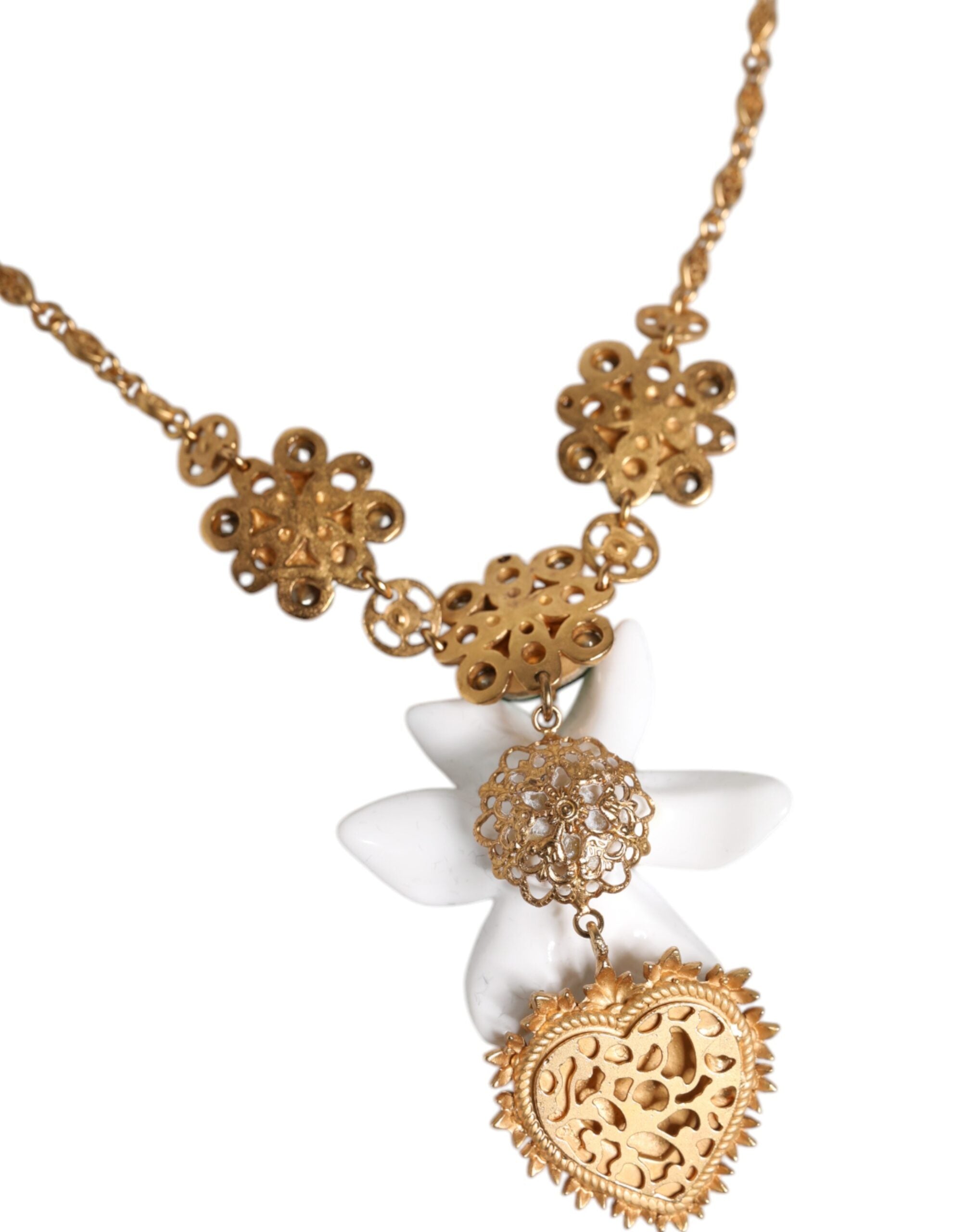 Gold Brass Lily Crystal Sacred Heart Pendant Necklace - ventzia
