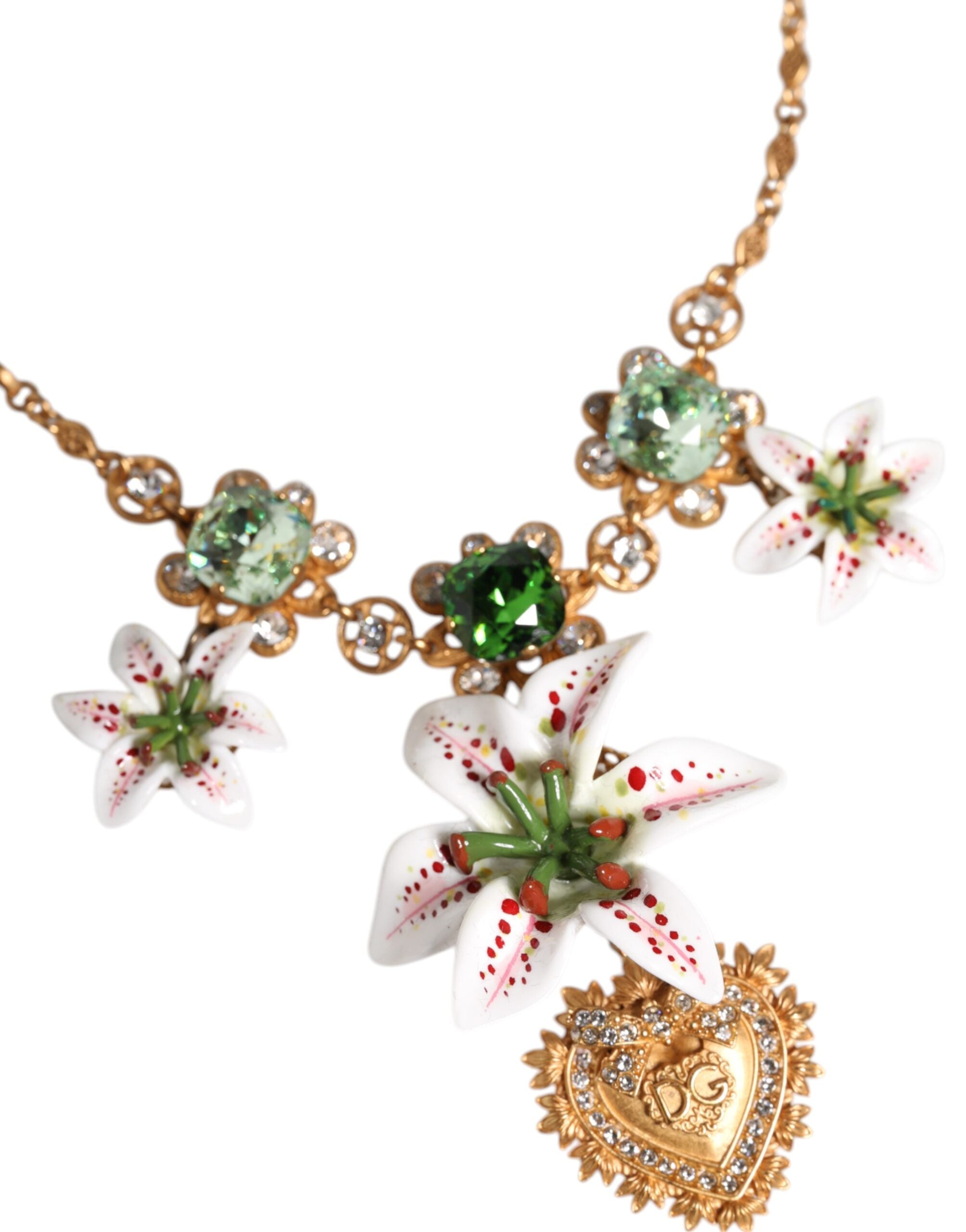 Gold Brass Lily Crystal Sacred Heart Pendant Necklace - ventzia