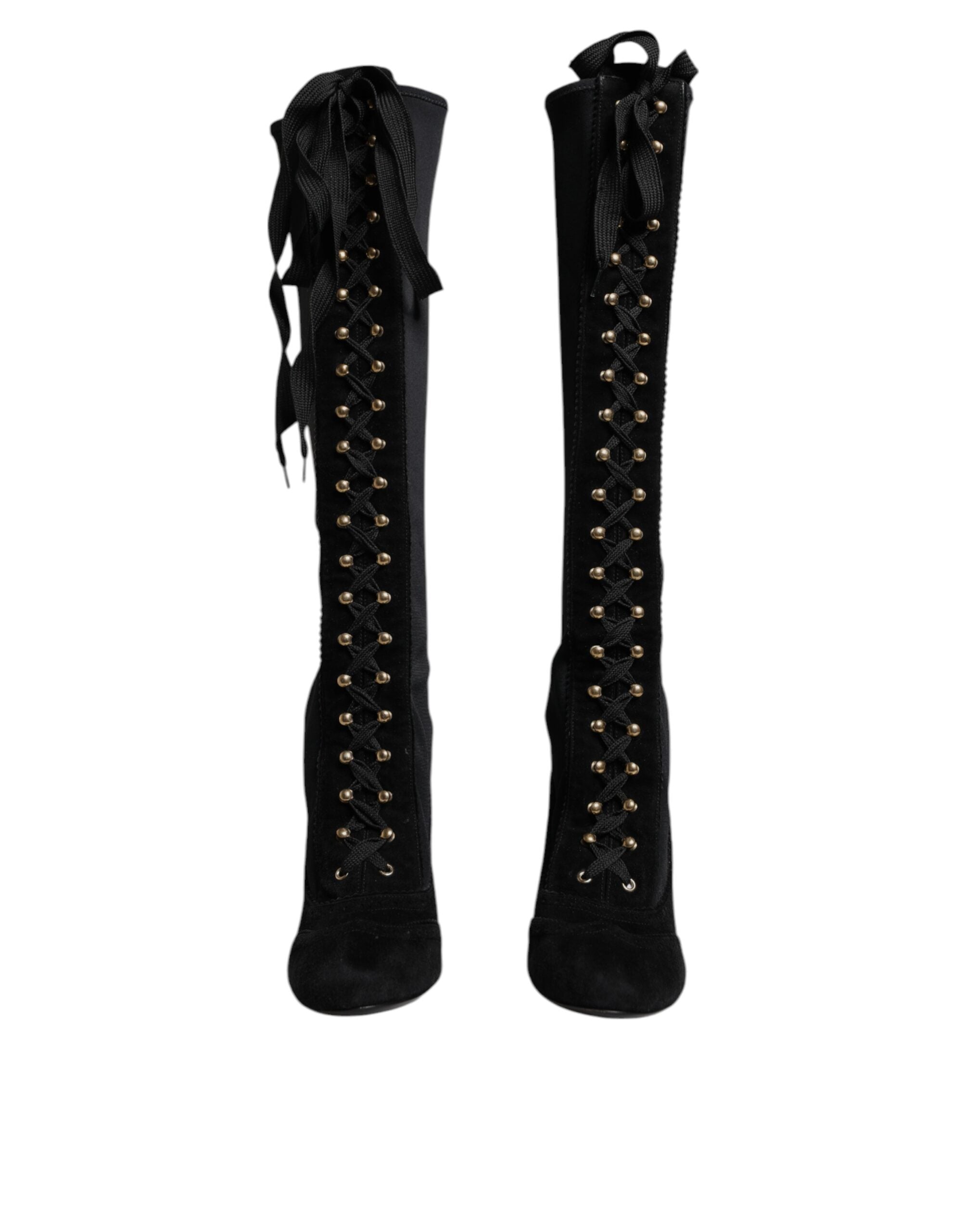 Black Lace Up Heels High Boots Shoes