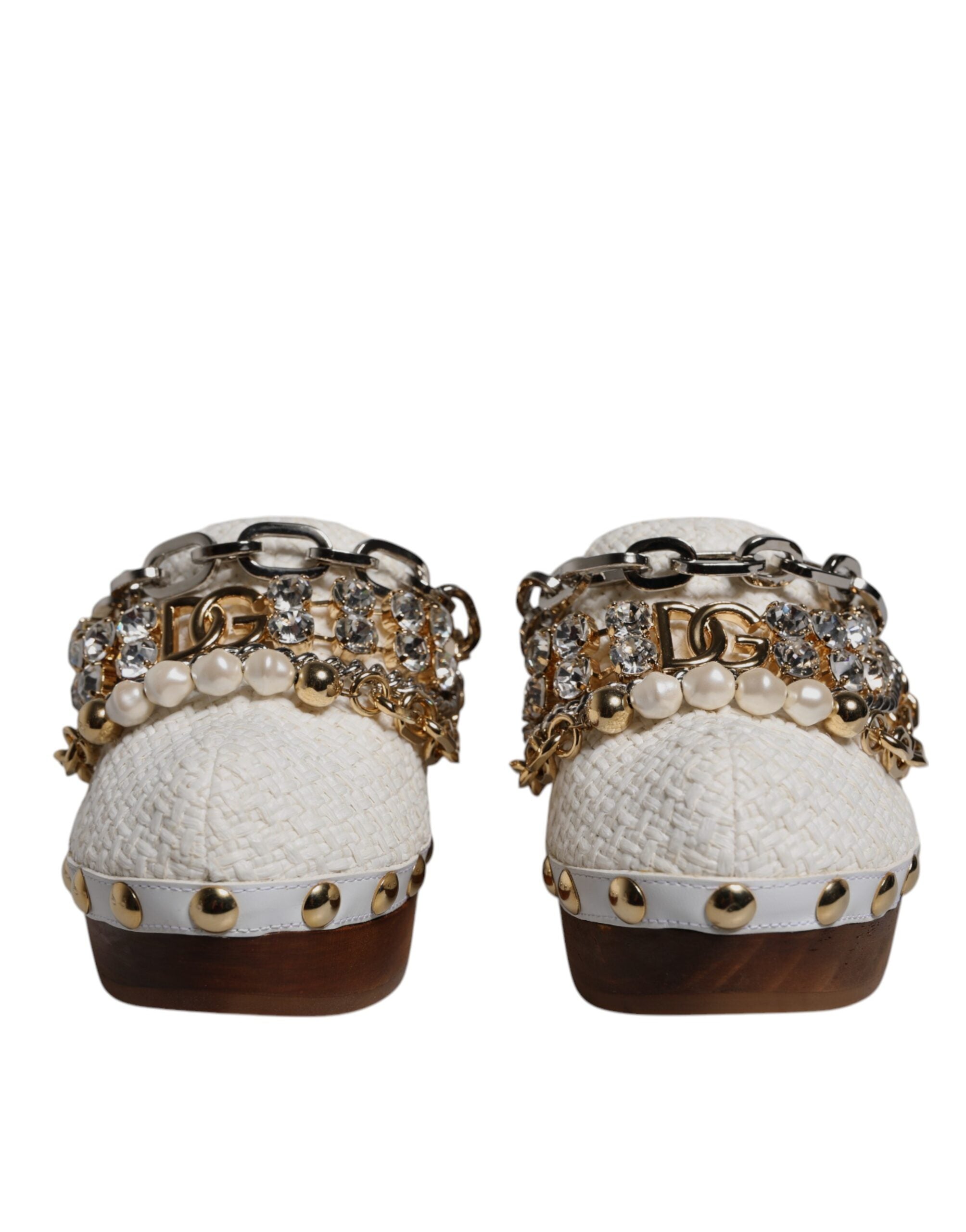 White Raffia Clogs Bejeweled Chain Sandals Shoes - ventzia