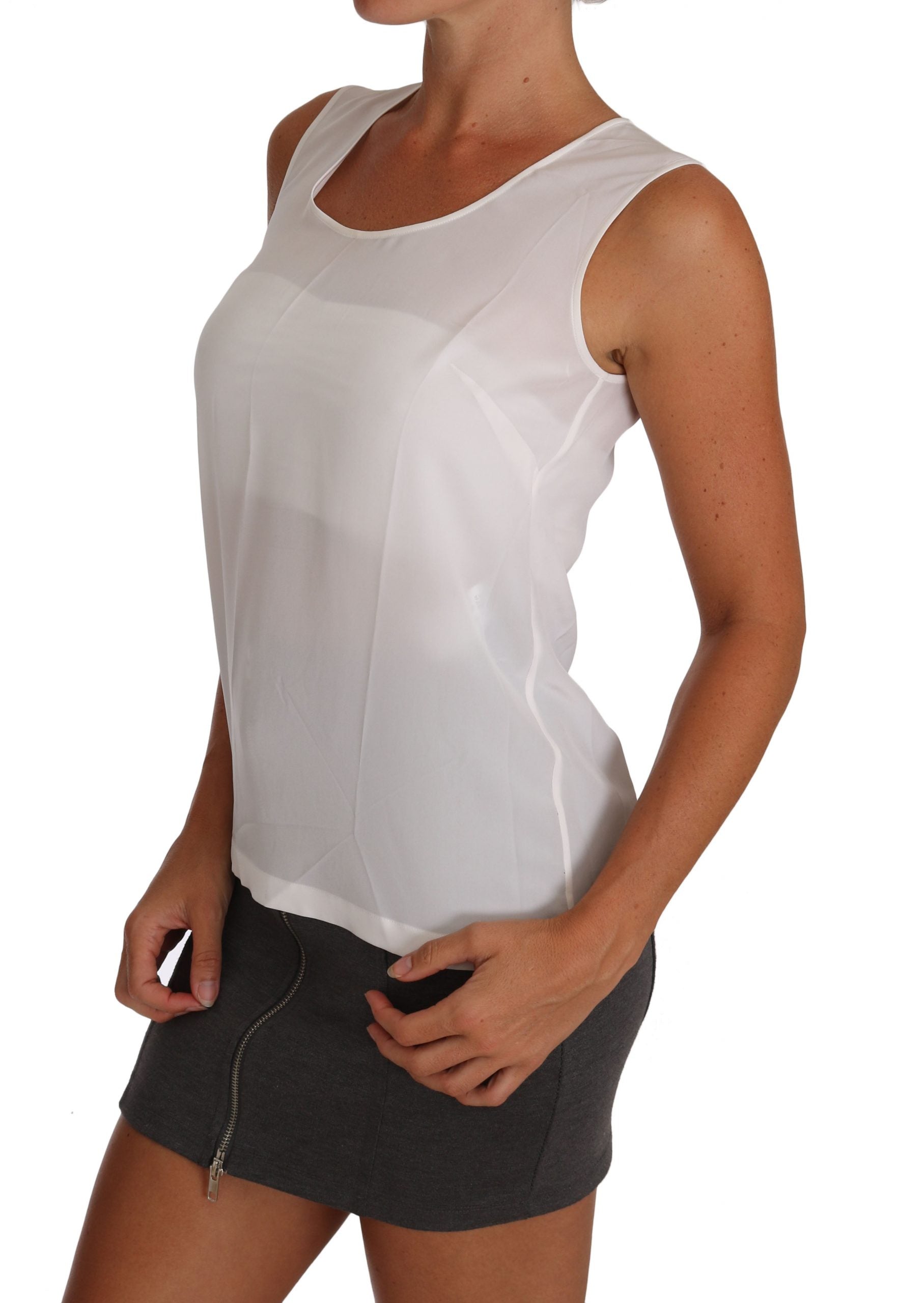 Elegant Sleeveless White Silk Blouse Top - ventzia