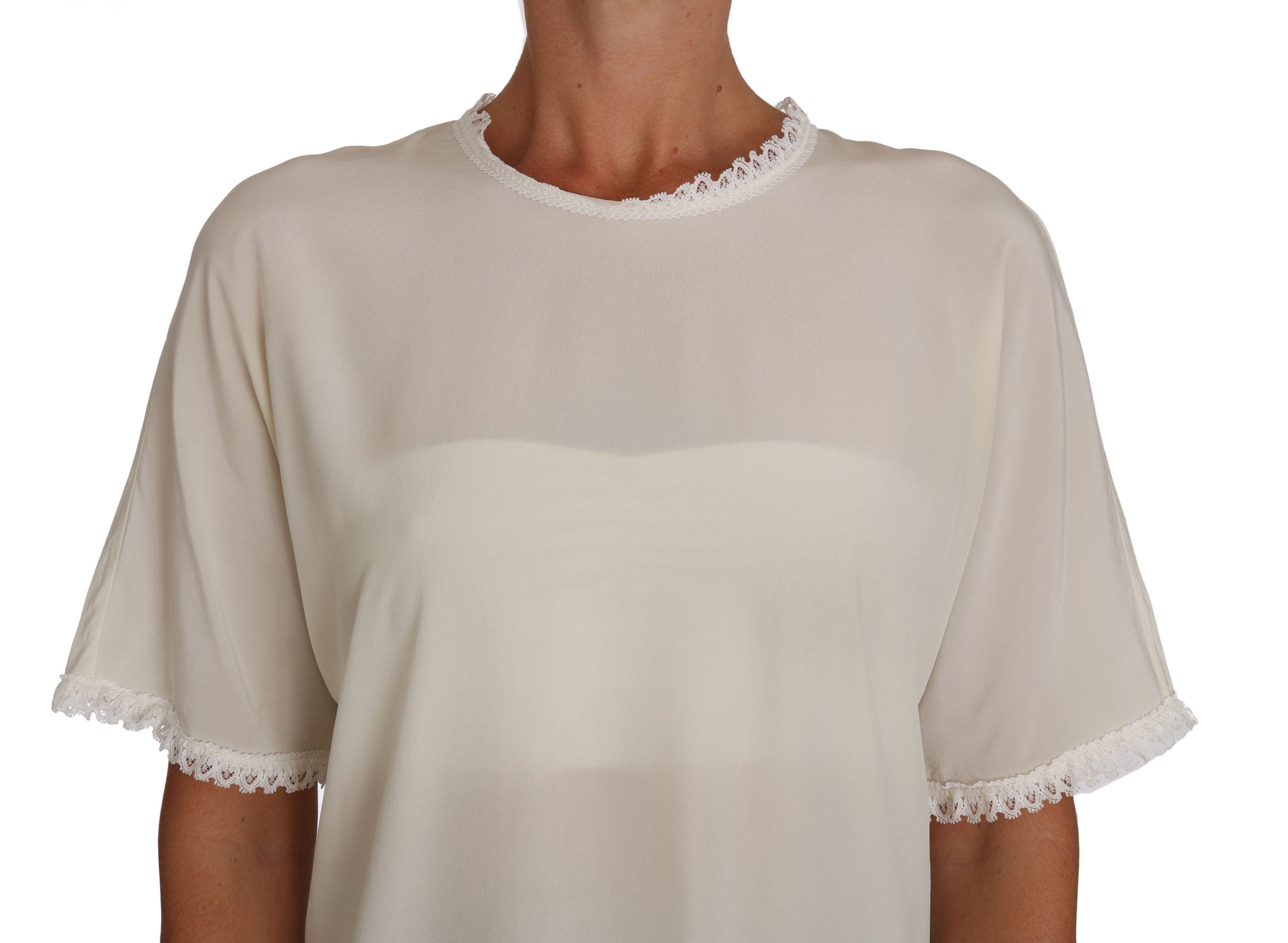 Cream Silk Lace-Detailed Blouse Top - ventzia