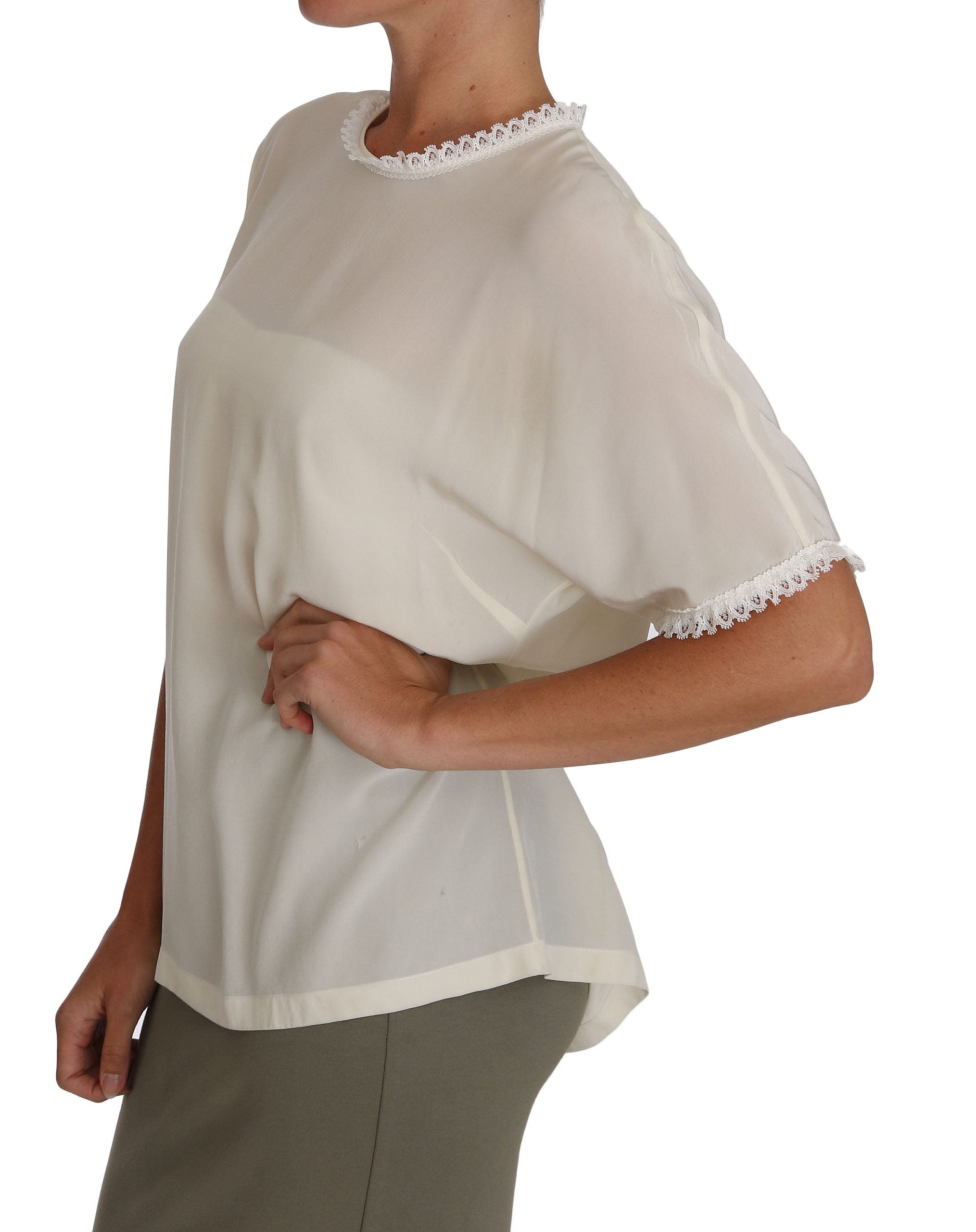 Cream Silk Lace-Detailed Blouse Top - ventzia