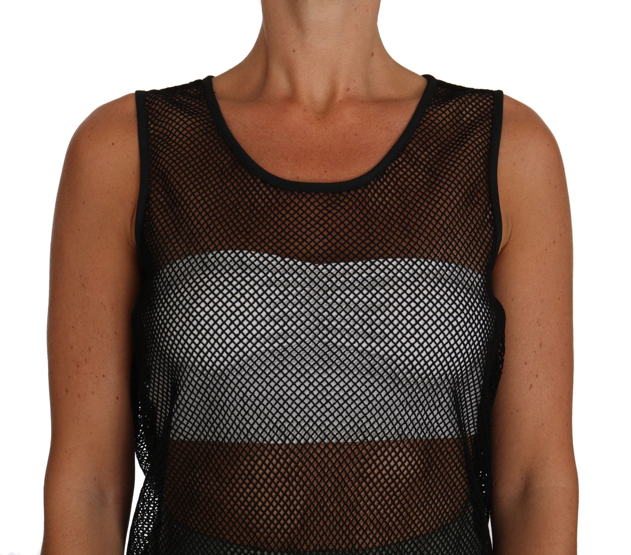 Elegant Black Mesh Sleeveless Blouse Top - ventzia