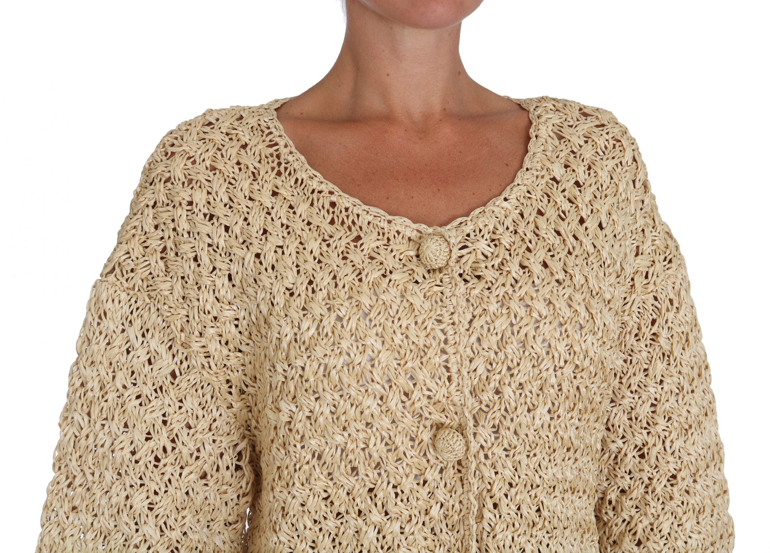 Chic Beige Crochet Knitted Raffia Cardigan - ventzia