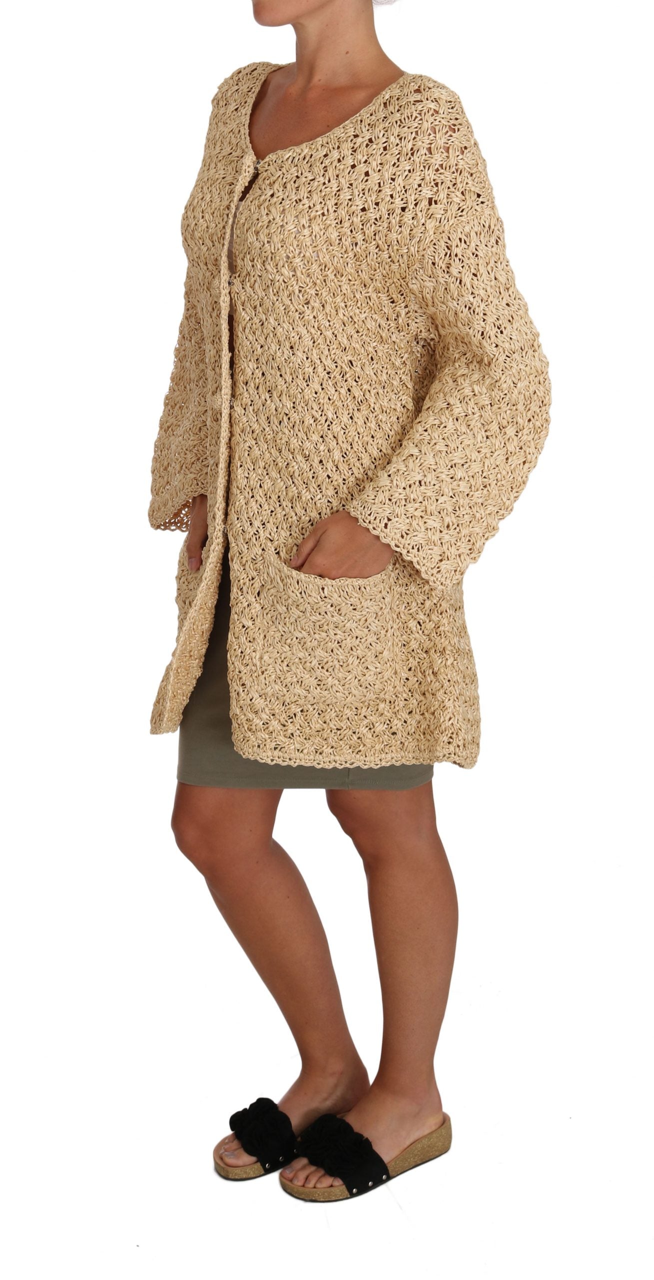 Chic Beige Crochet Knitted Raffia Cardigan - ventzia