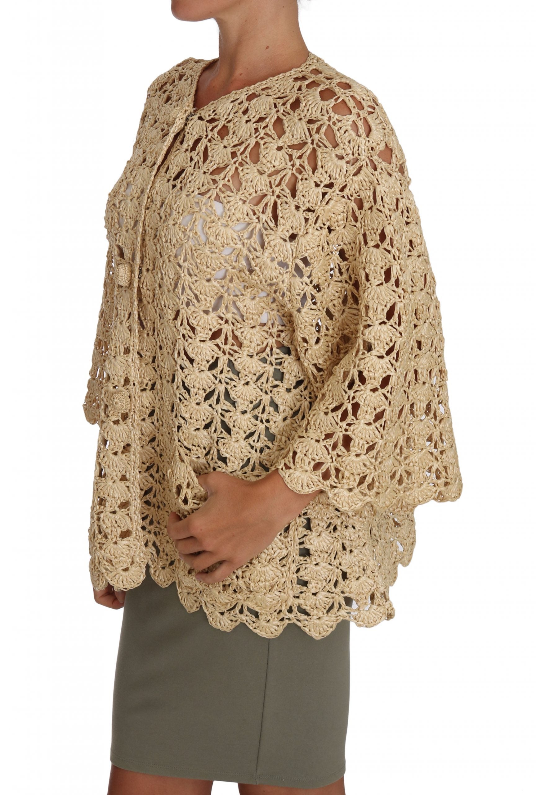 Chic Beige Crochet Raffia Cardigan - ventzia