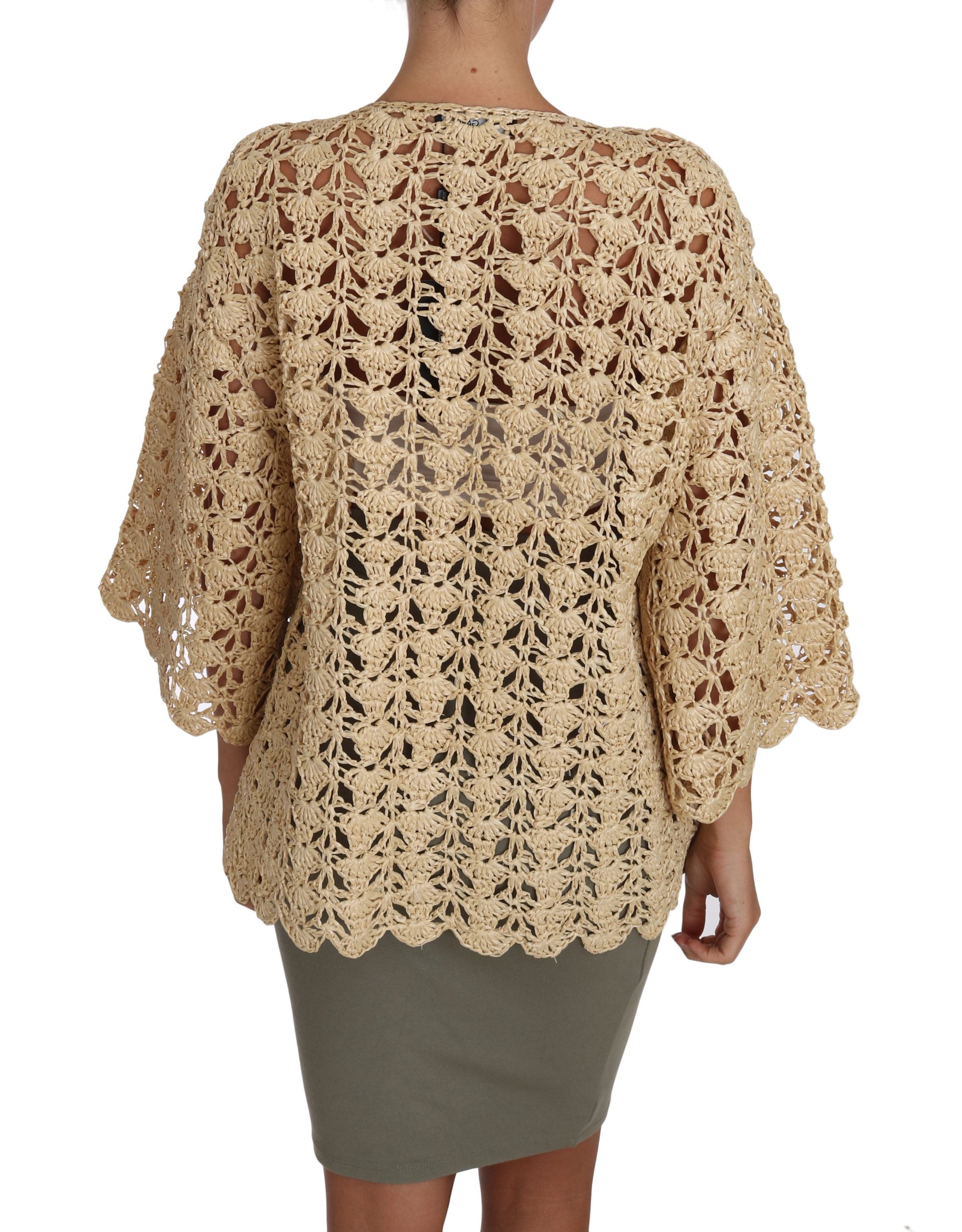 Chic Beige Crochet Raffia Cardigan - ventzia