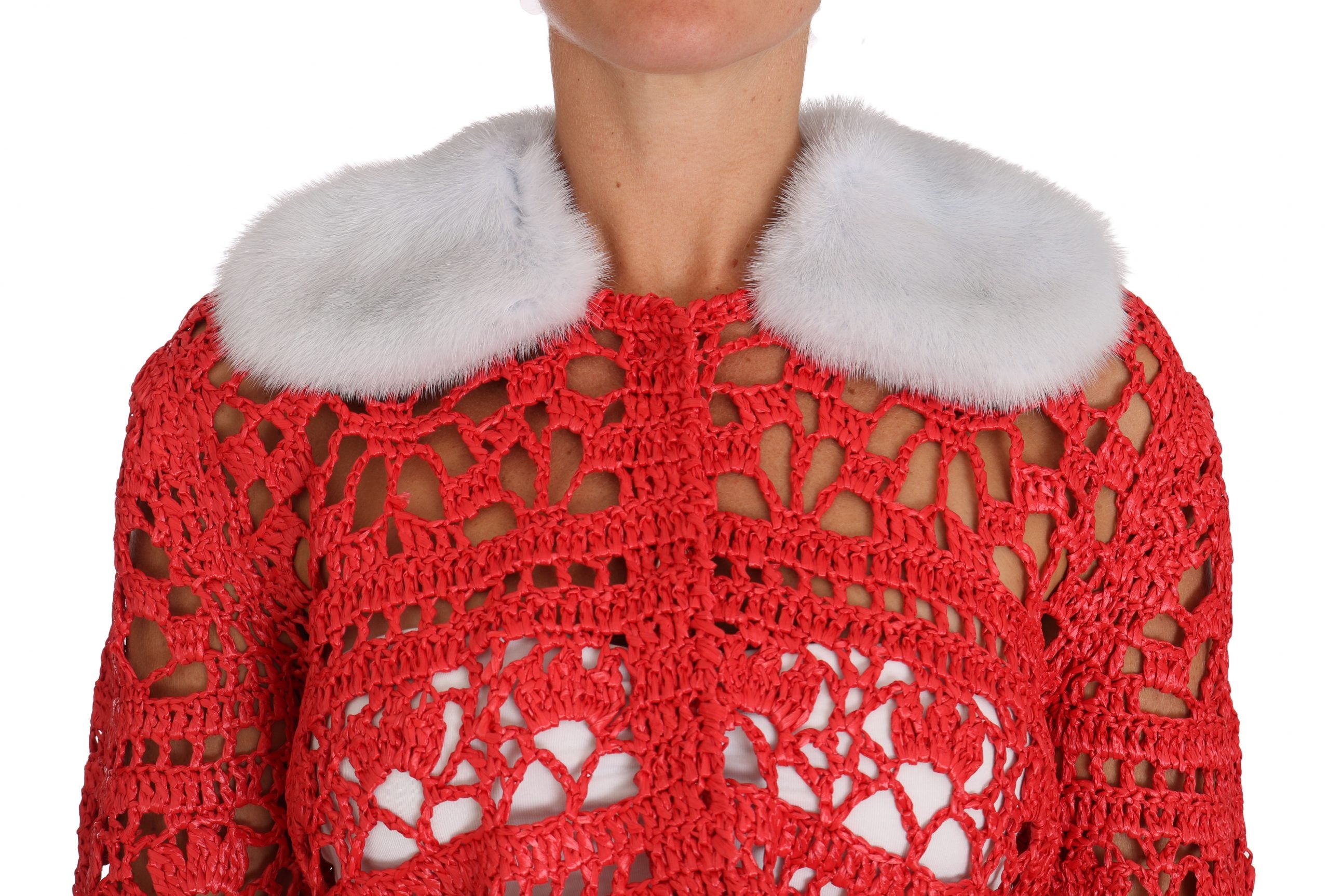 Elegant Red Crochet Knit Cardigan with Fur Collar - ventzia