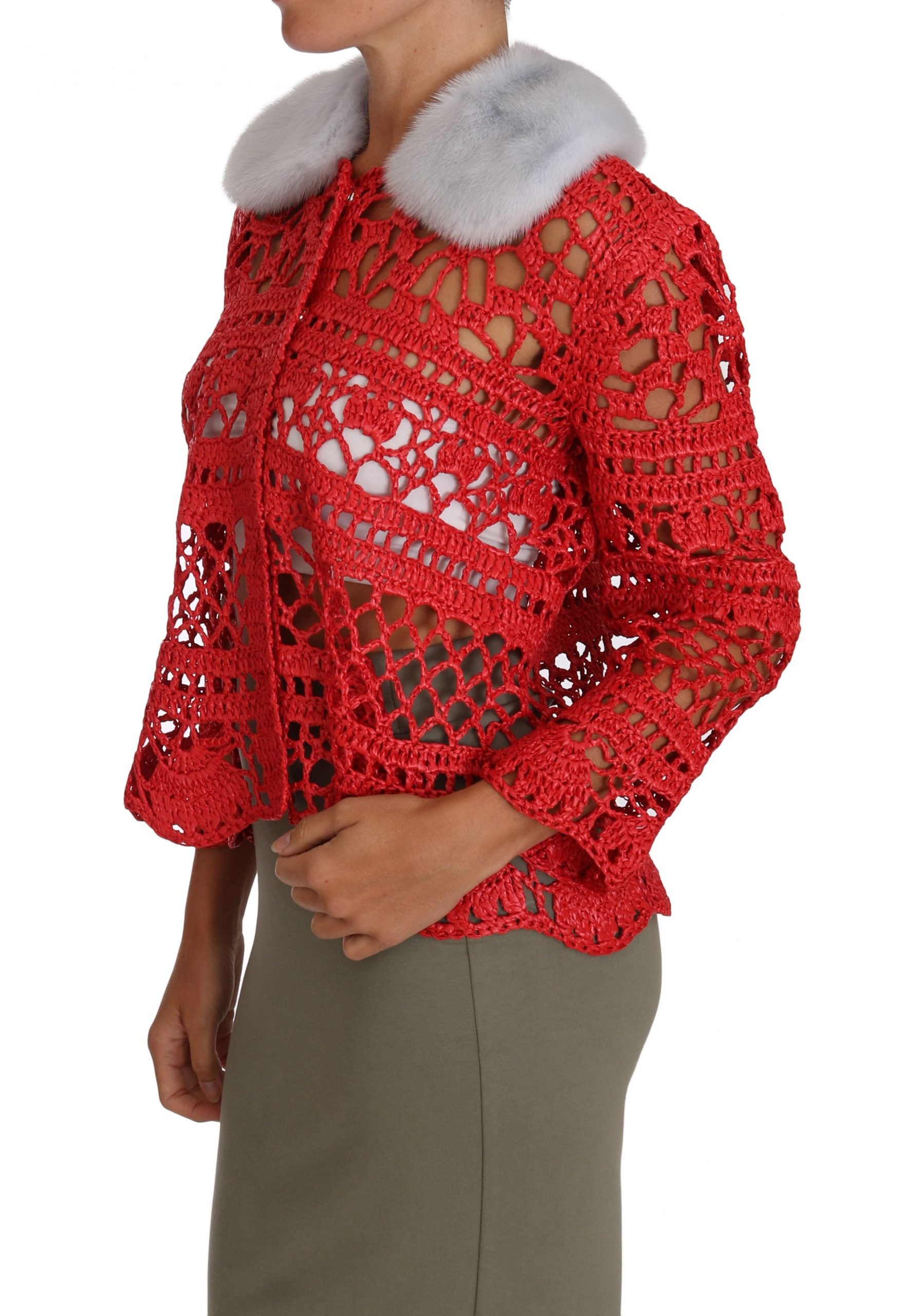 Elegant Red Crochet Knit Cardigan with Fur Collar - ventzia