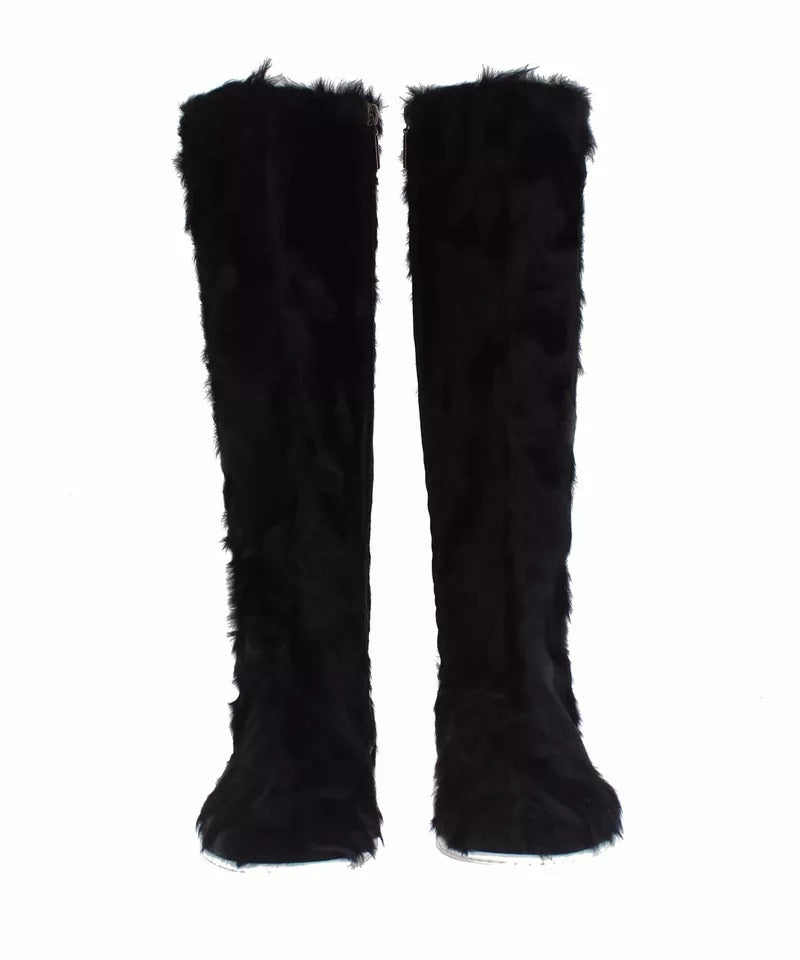 Black Xiangao Lamb Fur Leather Boots Shoes - ventzia