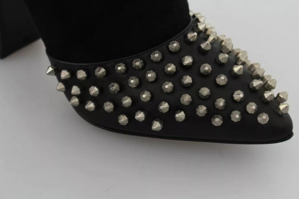 Black Suede Studded Heels Ankle Boots Shoes - ventzia