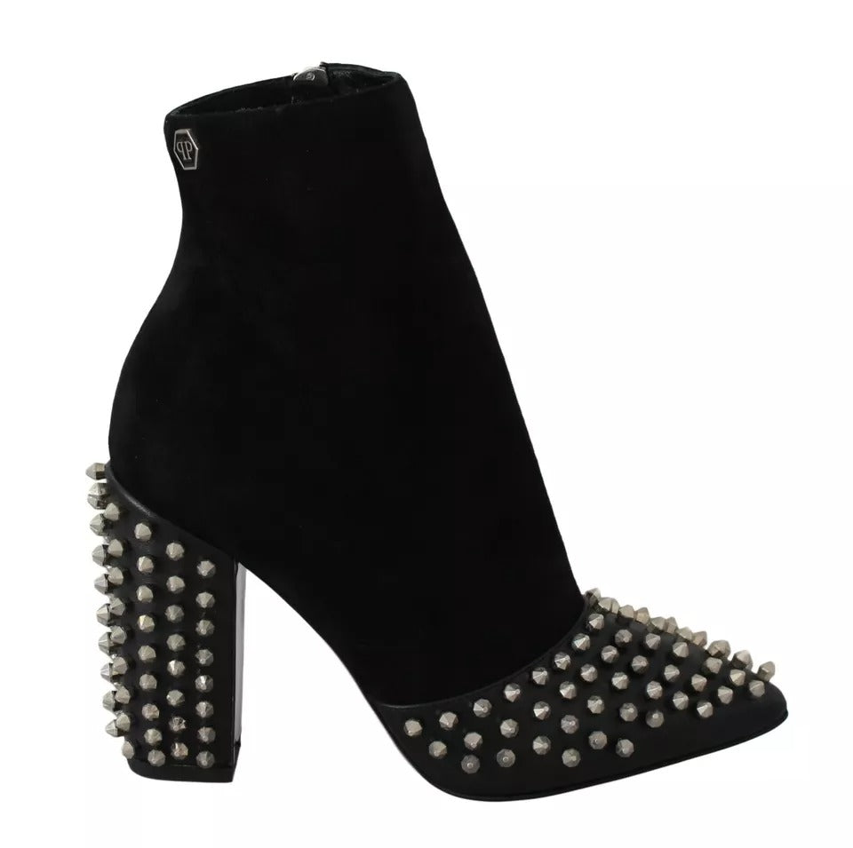 Black Suede Studded Heels Ankle Boots Shoes - ventzia