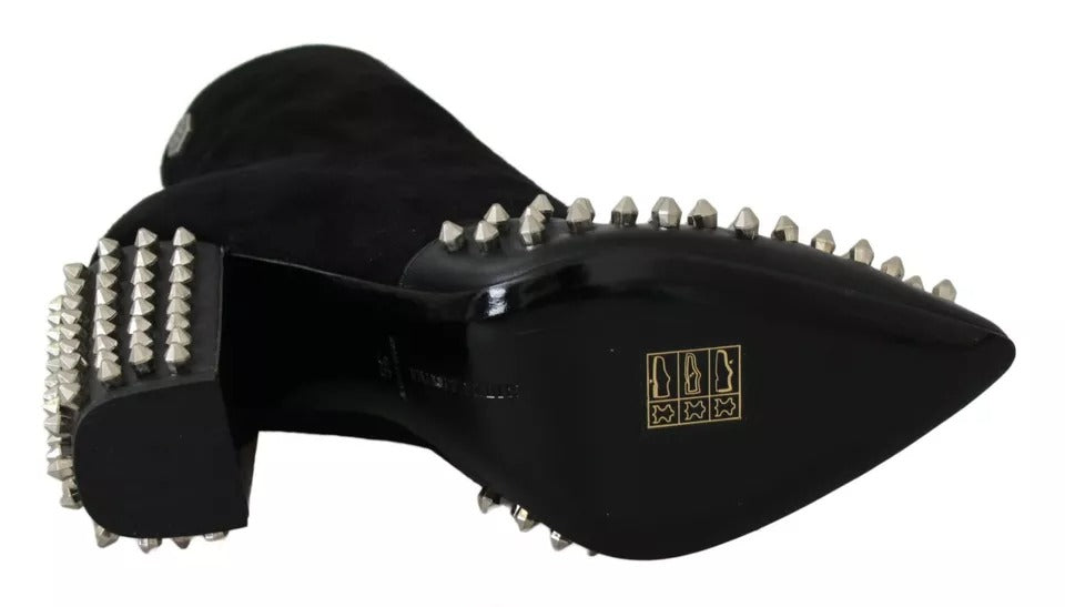 Black Suede Studded Heels Ankle Boots Shoes - ventzia
