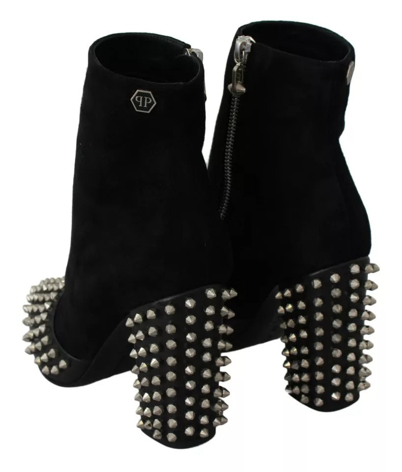 Black Suede Studded Heels Ankle Boots Shoes - ventzia