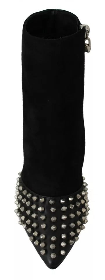 Black Suede Studded Heels Ankle Boots Shoes - ventzia