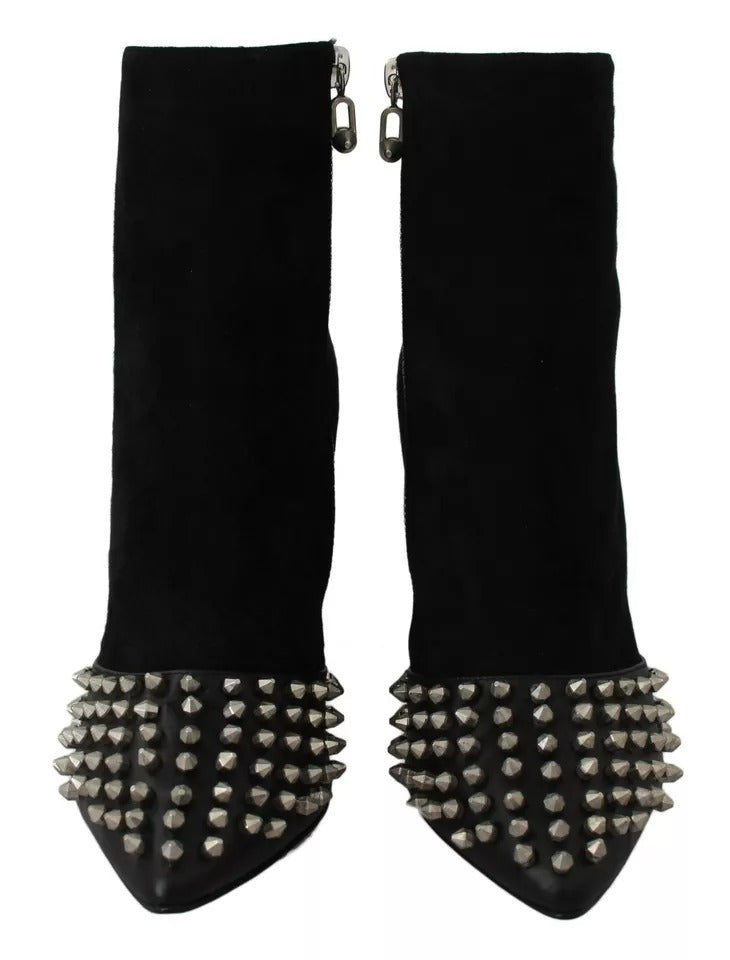 Black Suede Studded Heels Ankle Boots Shoes - ventzia