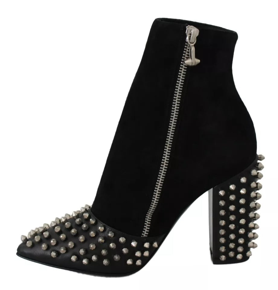 Black Suede Studded Heels Ankle Boots Shoes - ventzia